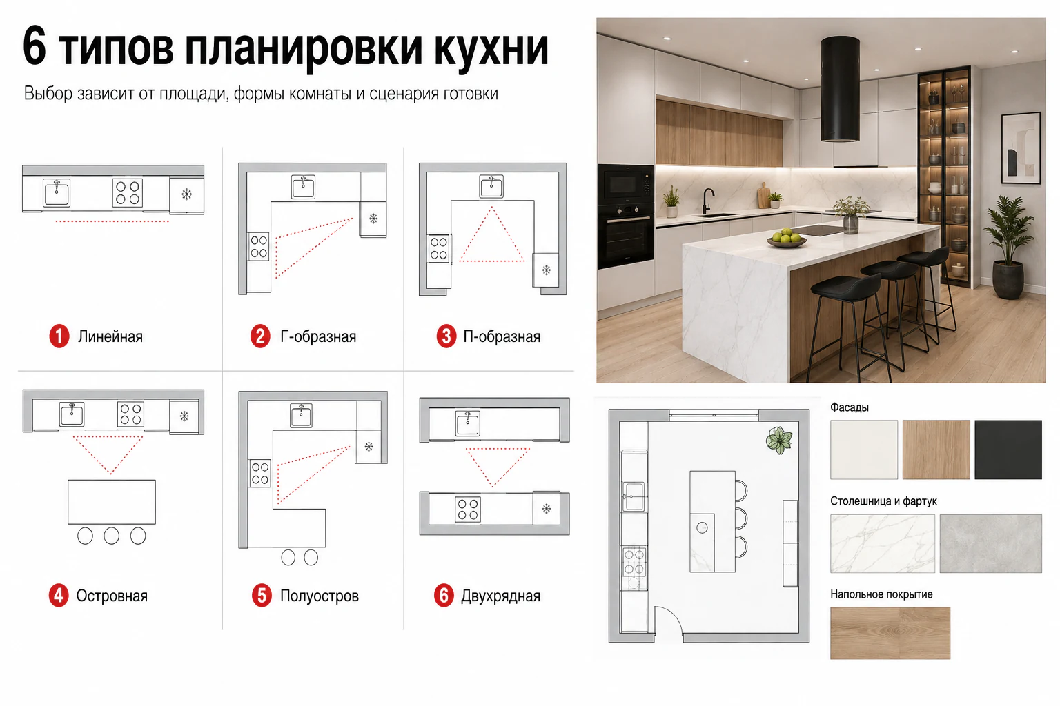 Инфографика: шесть типов планировки кухни