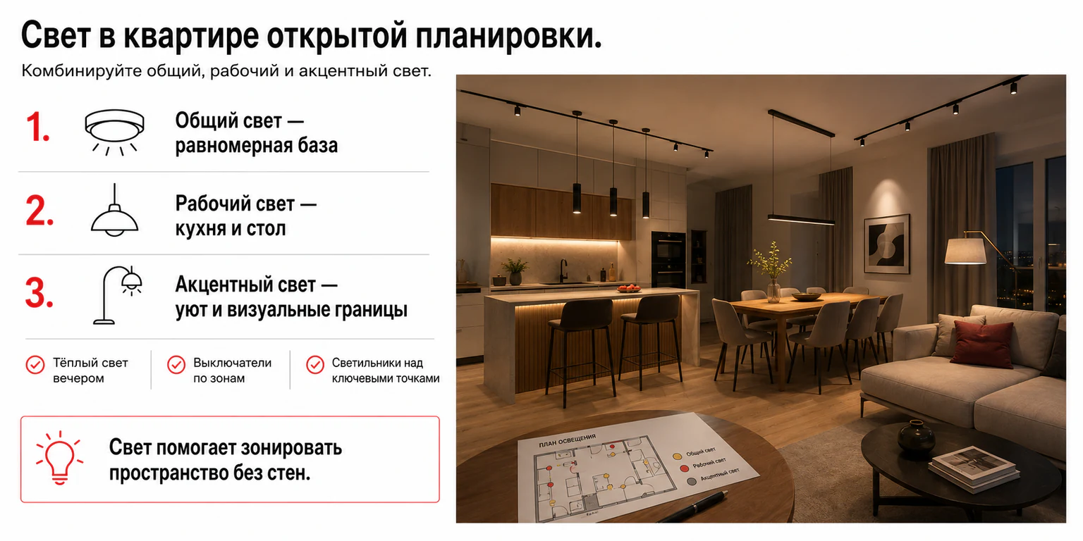 Инфографика: как организовать свет в открытой планировке