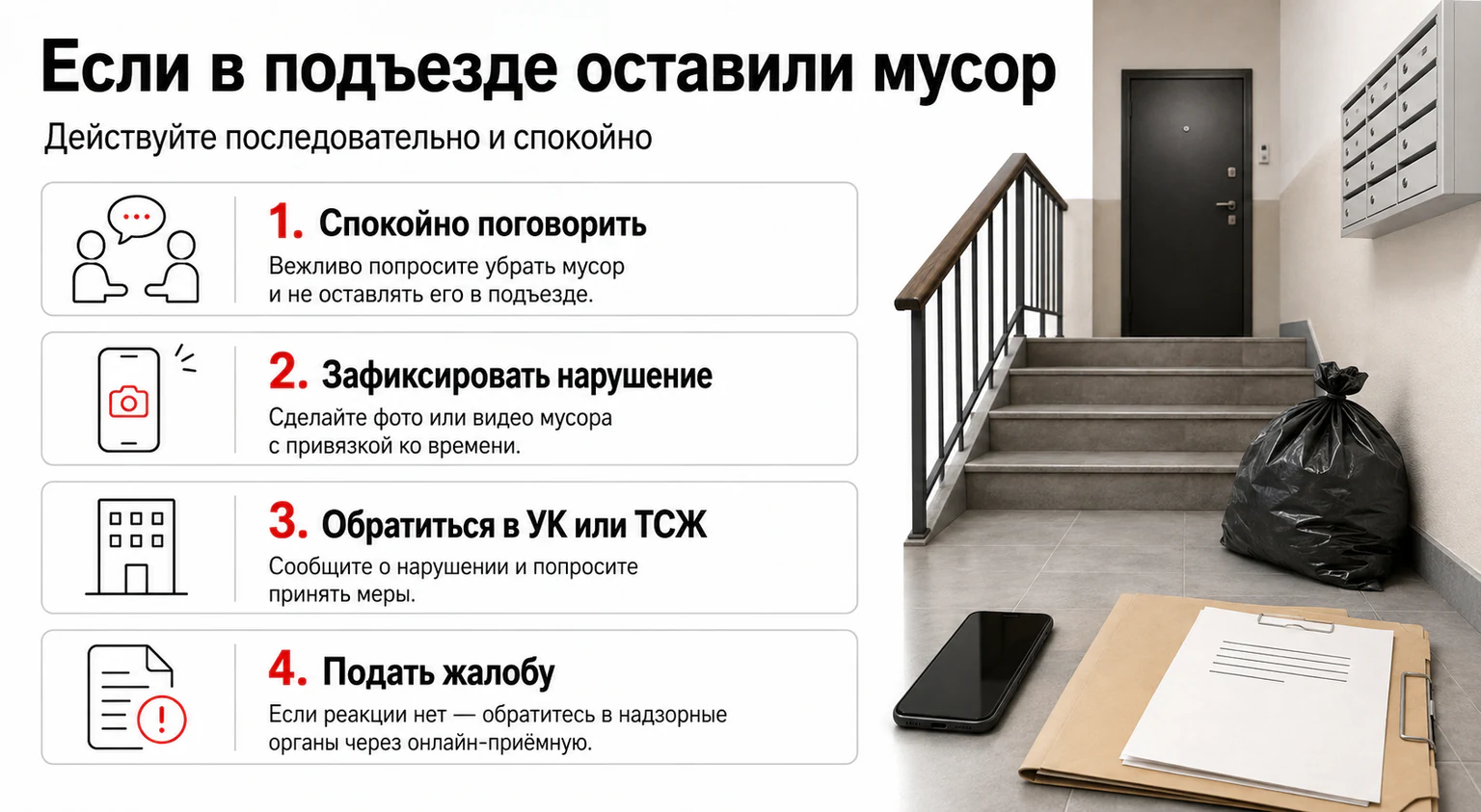 Инфографика: что делать, если в подъезде оставили мусор