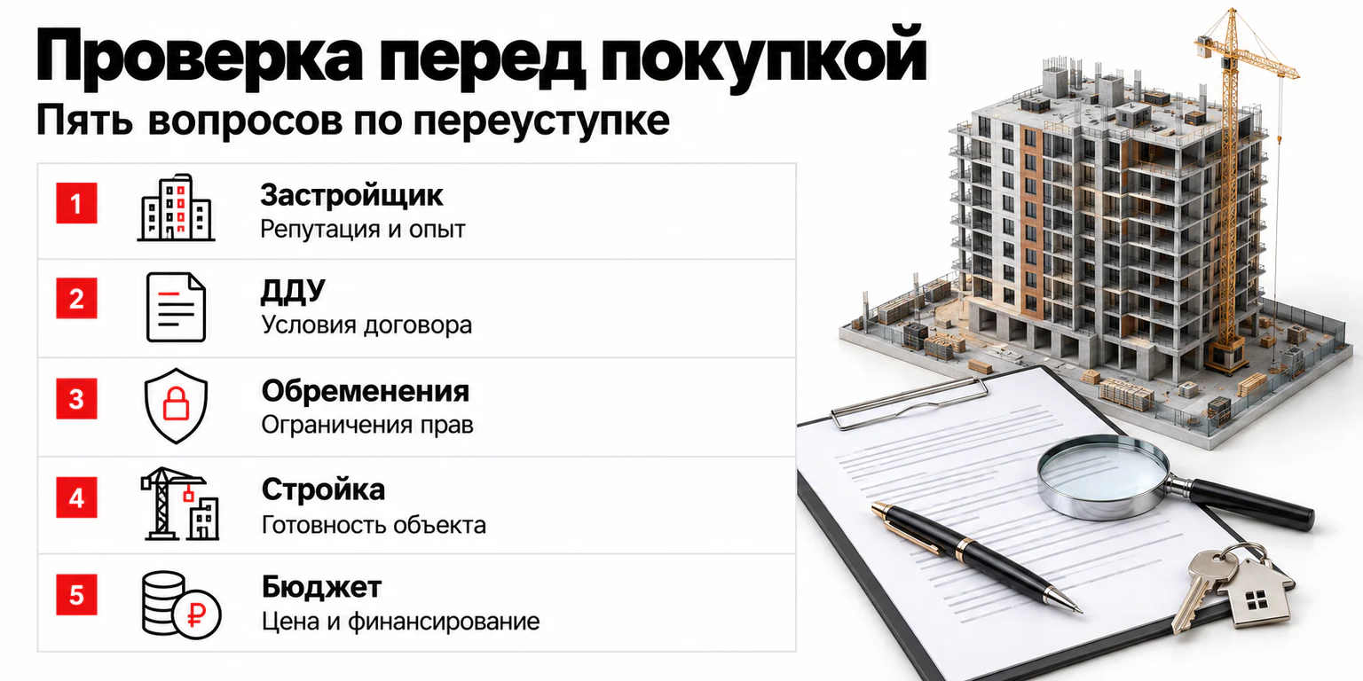 Проверка квартиры по переуступке: застройщик, ДДУ, обременения, готовность стройки и бюджет