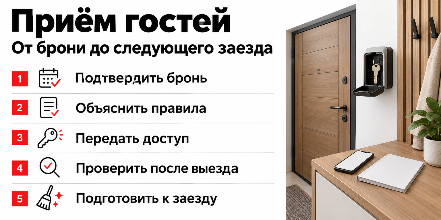 Приём гостей при посуточной аренде: подтверждение брони, объяснение правил, передача доступа, проверка после выезда и подготовка к следующему заезду
