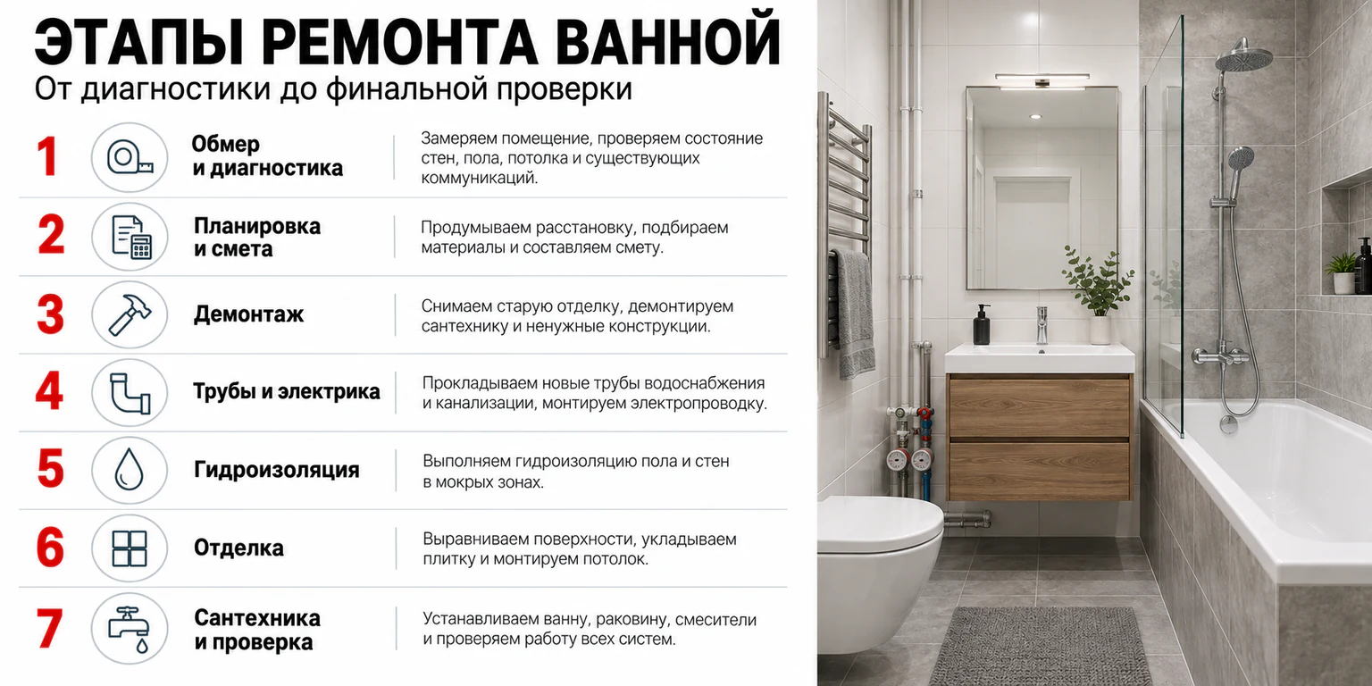 Этапы ремонта ванной комнаты