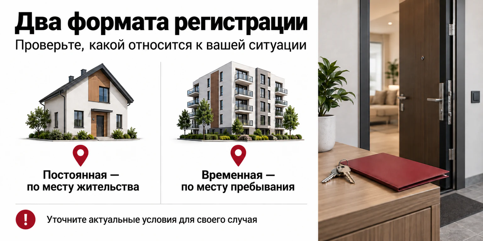 Сравнение постоянной регистрации по месту жительства и временной регистрации по месту пребывания; условия уточняйте для своей ситуации.