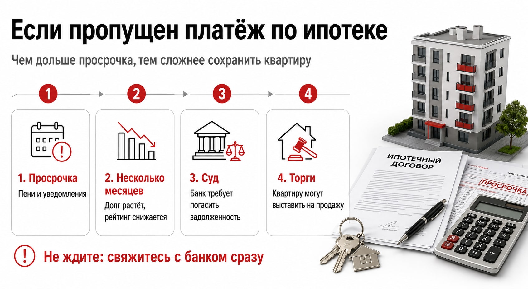 Инфографика: последствия просрочки по ипотеке по этапам