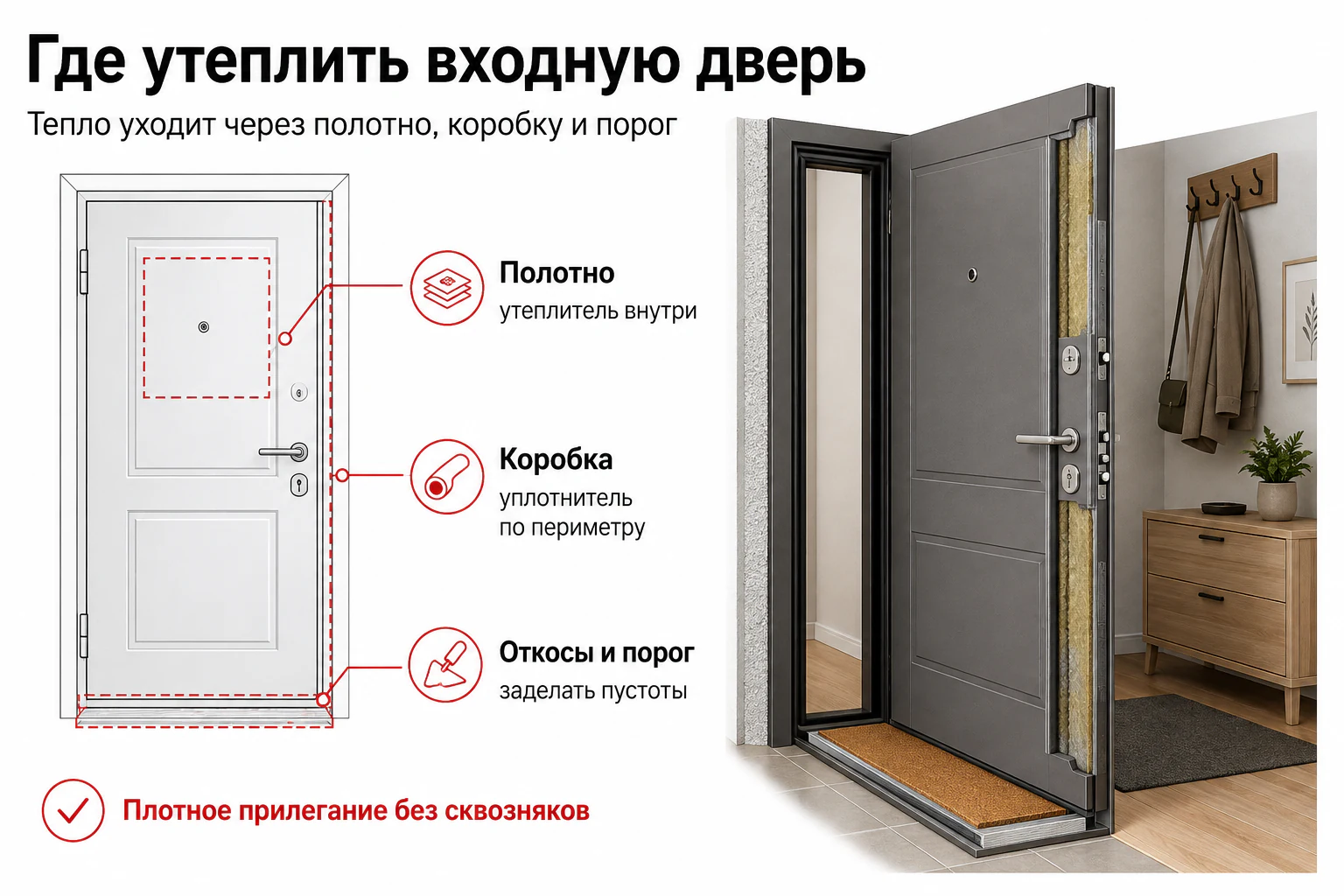 Где утеплить входную дверь Инфографика: утепление входной двери и устранение сквозняков