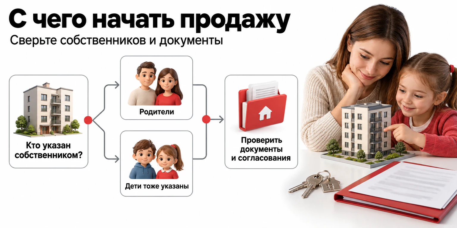 Схема проверки перед продажей квартиры с маткапиталом: собственники, доли детей, согласования и документы