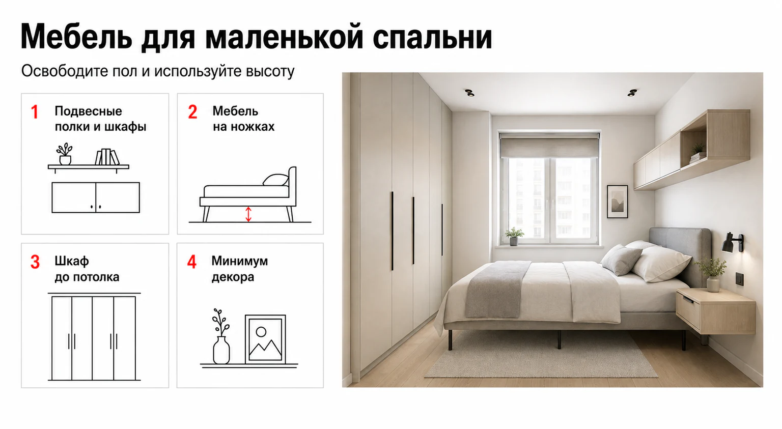 Инфографика: какая мебель подходит для маленькой спальни