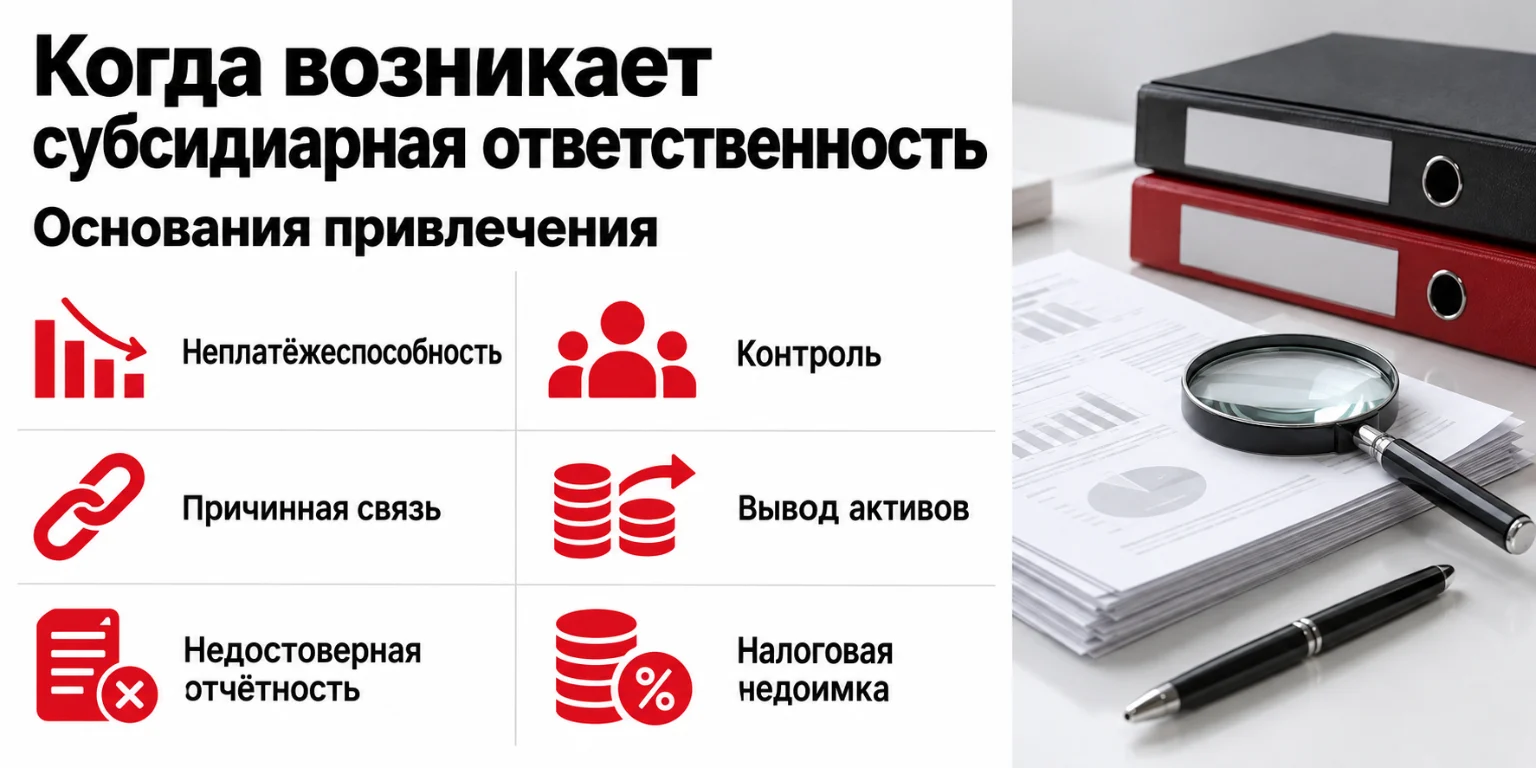 Инфографика: Основания привлечения к субсидиарной ответственности: неплатёжеспособность, контроль и причинная связь
