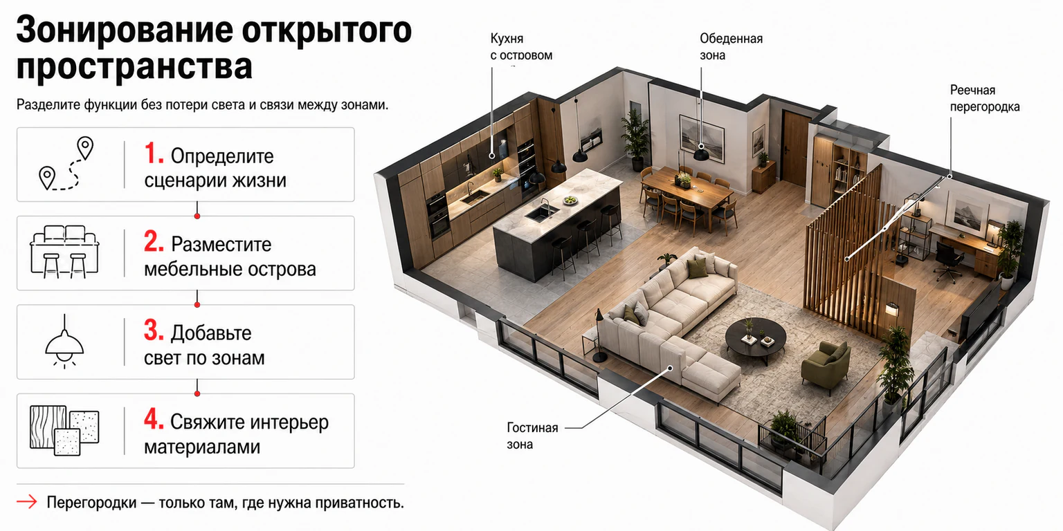 Инфографика: способы зонировать квартиру открытой планировки