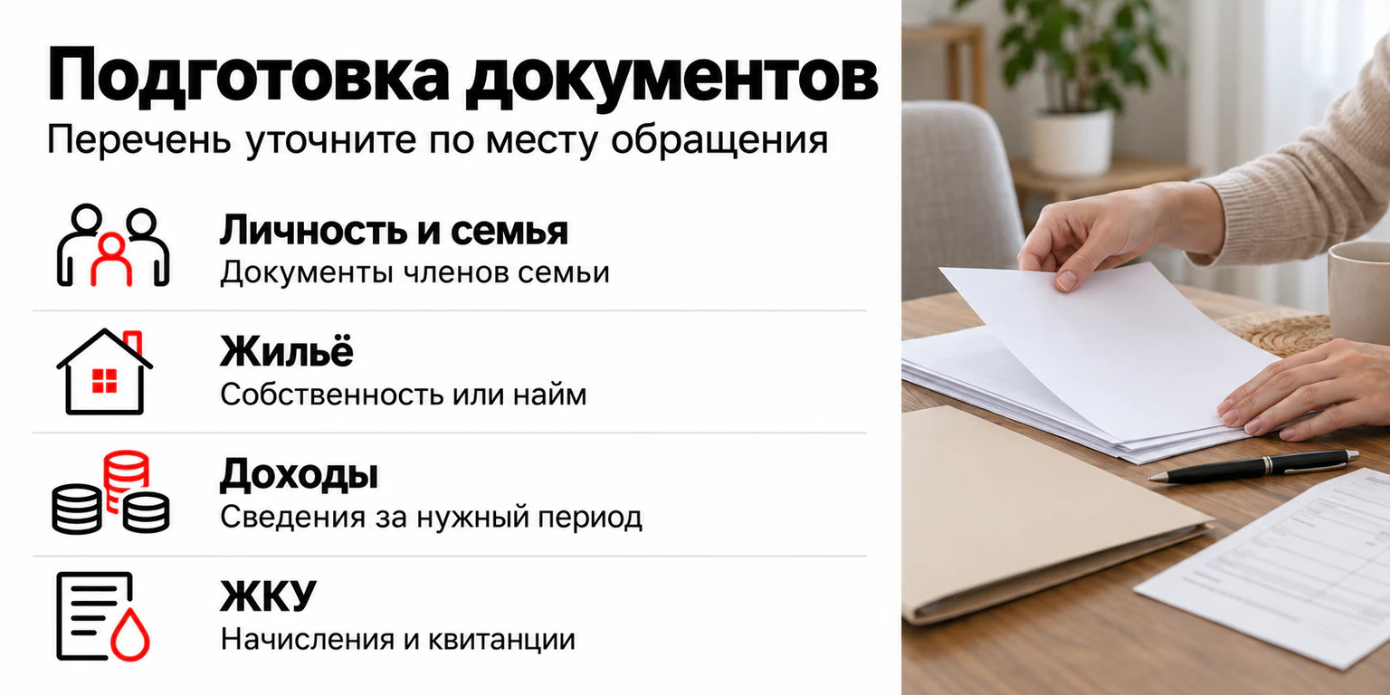 Подготовка документов для обращения за субсидией ЖКУ: документы о личности и семье, жилье, доходах и начислениях с проверкой актуального перечня