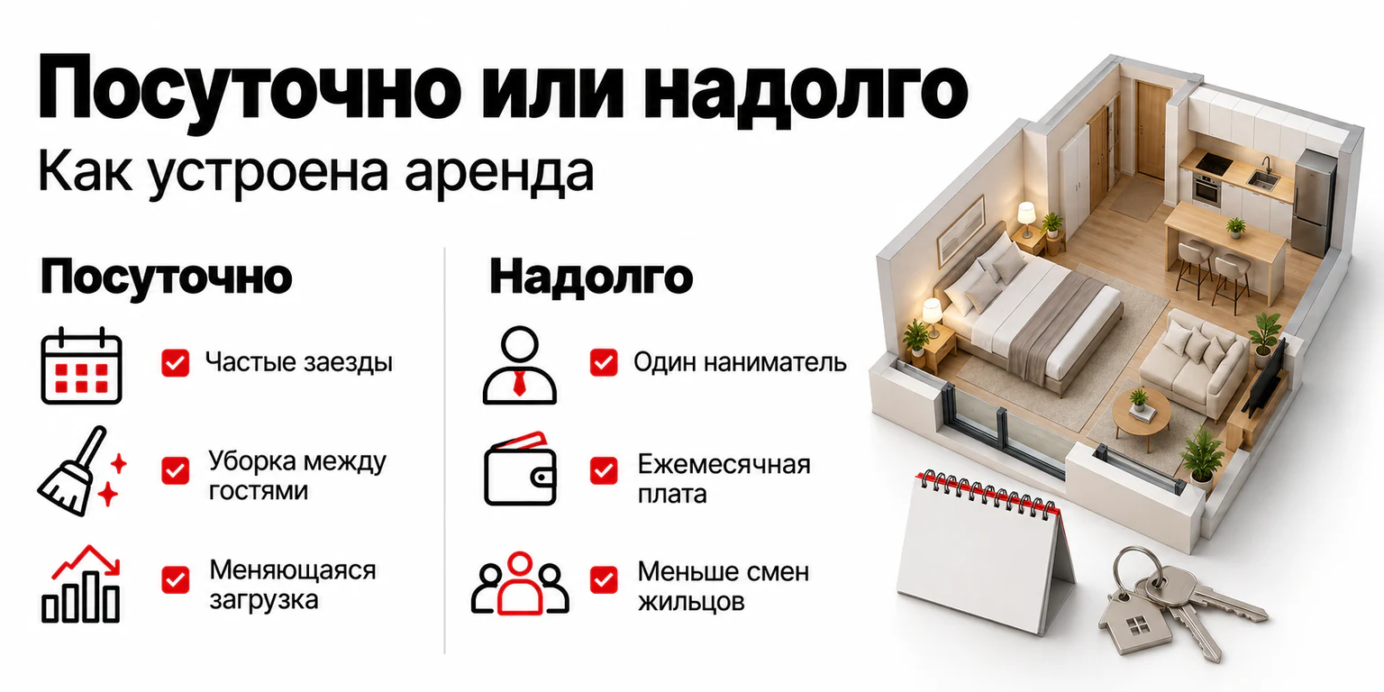 Сравнение форматов аренды: частые заезды, уборка и меняющаяся загрузка при посуточной сдаче; один наниматель и ежемесячная плата при долгосрочной