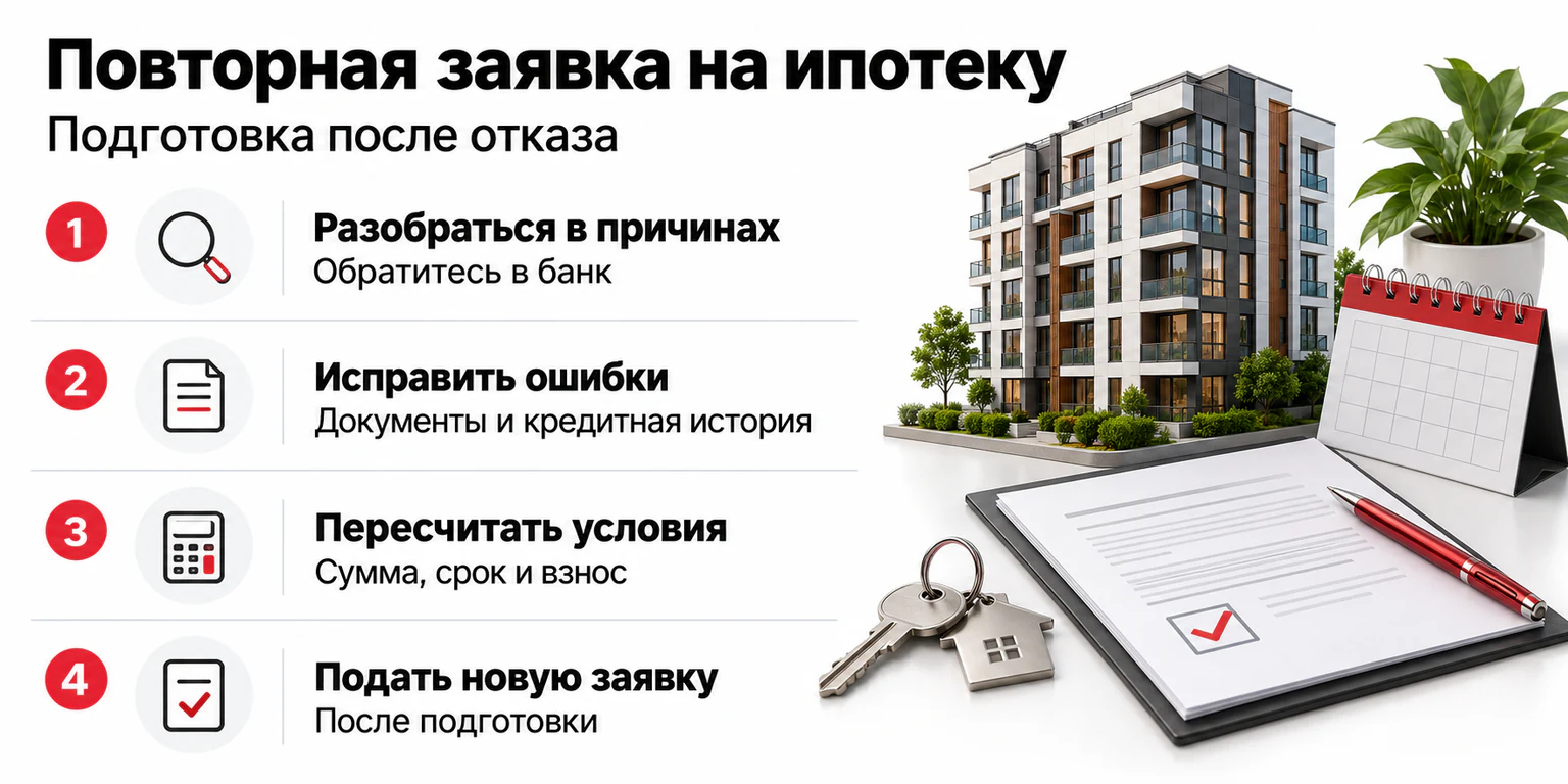 Инфографика: подготовка повторной заявки на ипотеку после отказа