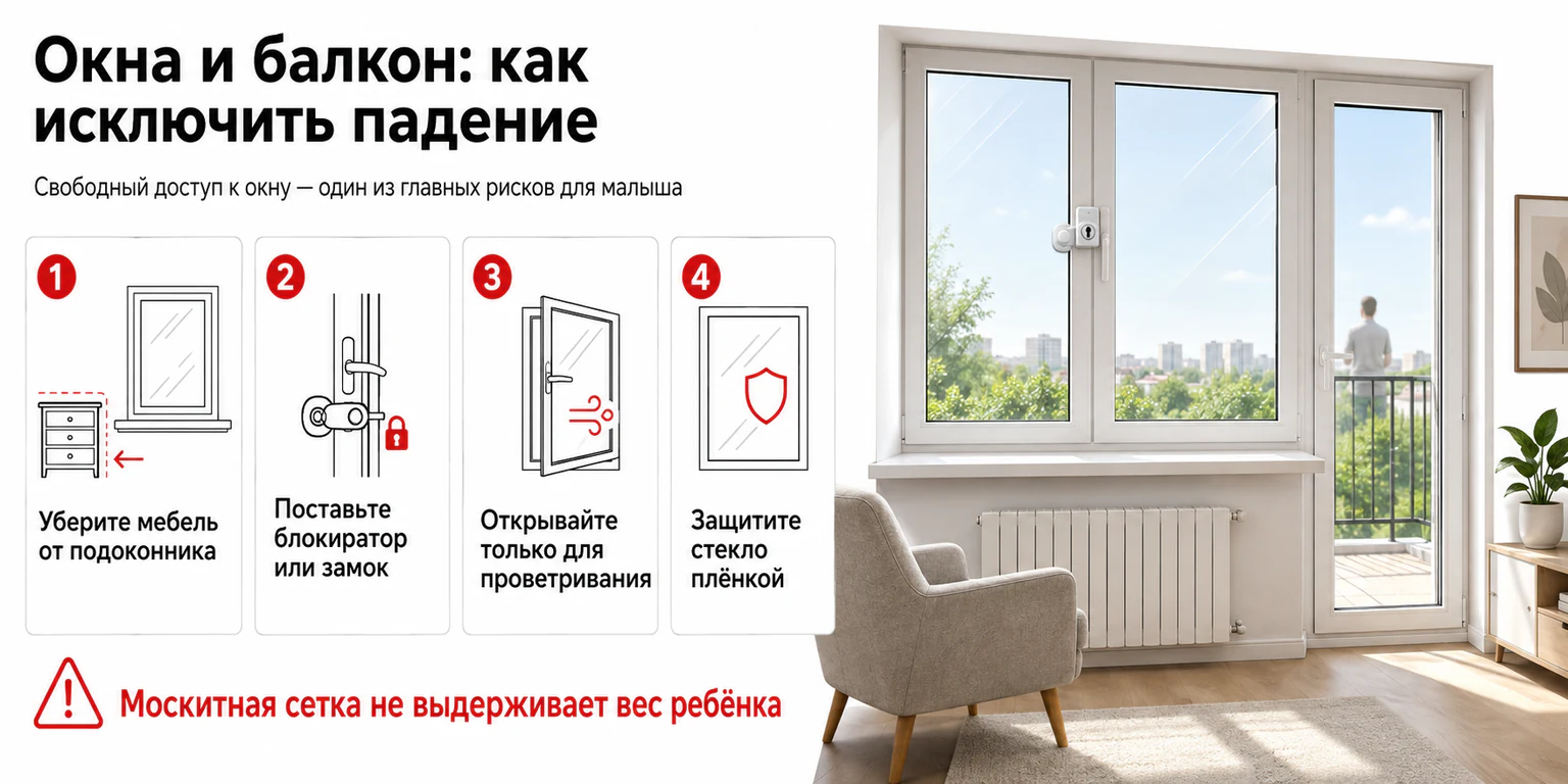 Инфографика: безопасность окон и балкона для ребёнка
