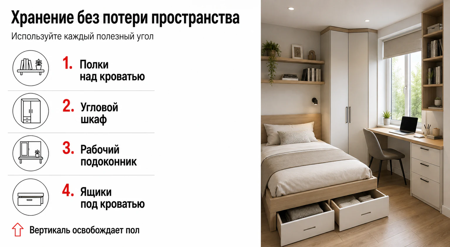 Инфографика: хранение без потери пространства в маленькой спальне