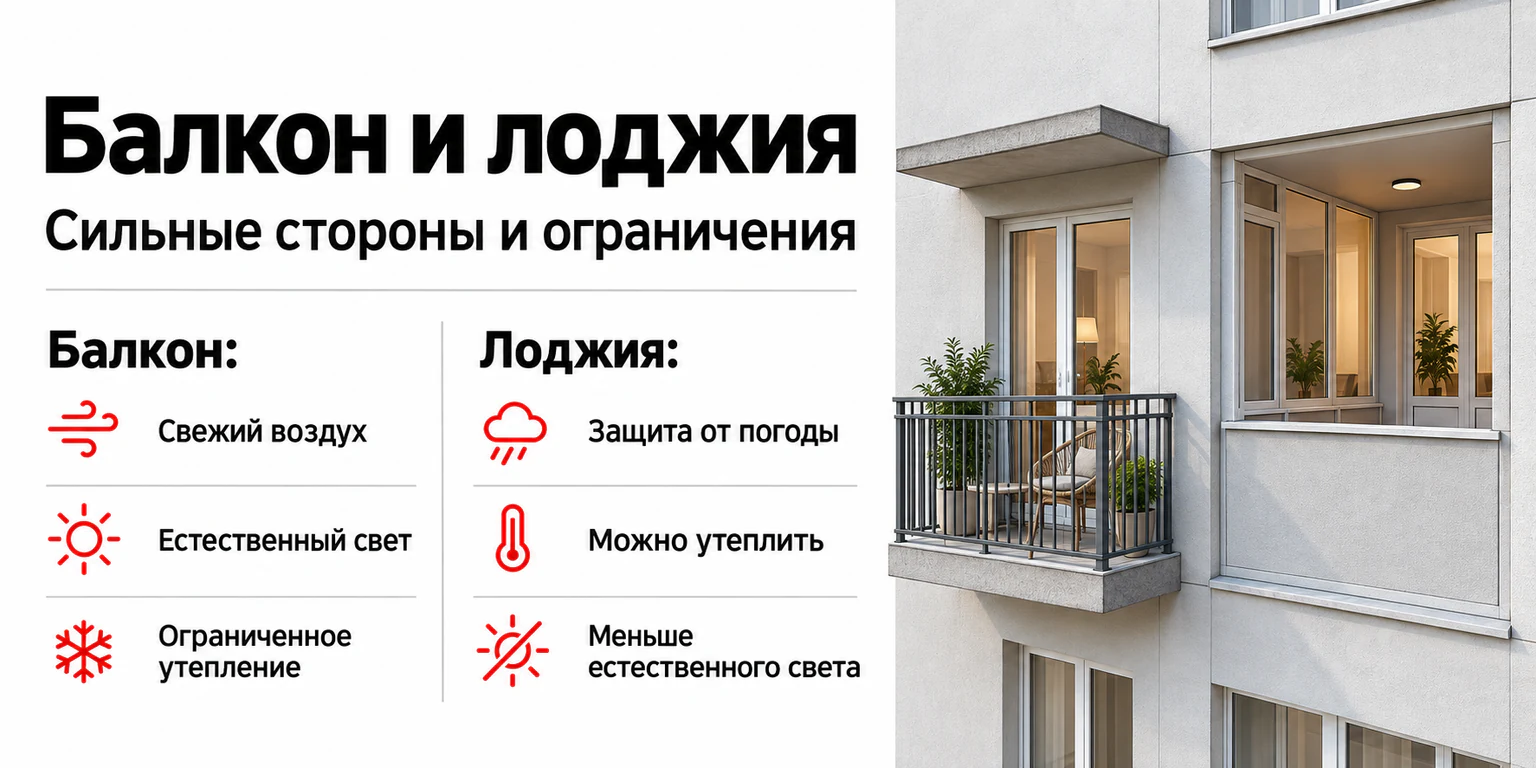 Инфографика: преимущества и ограничения балкона и лоджии