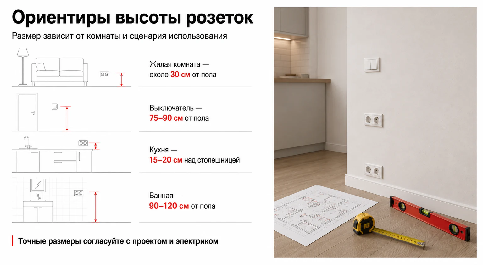 Инфографика: ориентиры высоты розеток в квартире