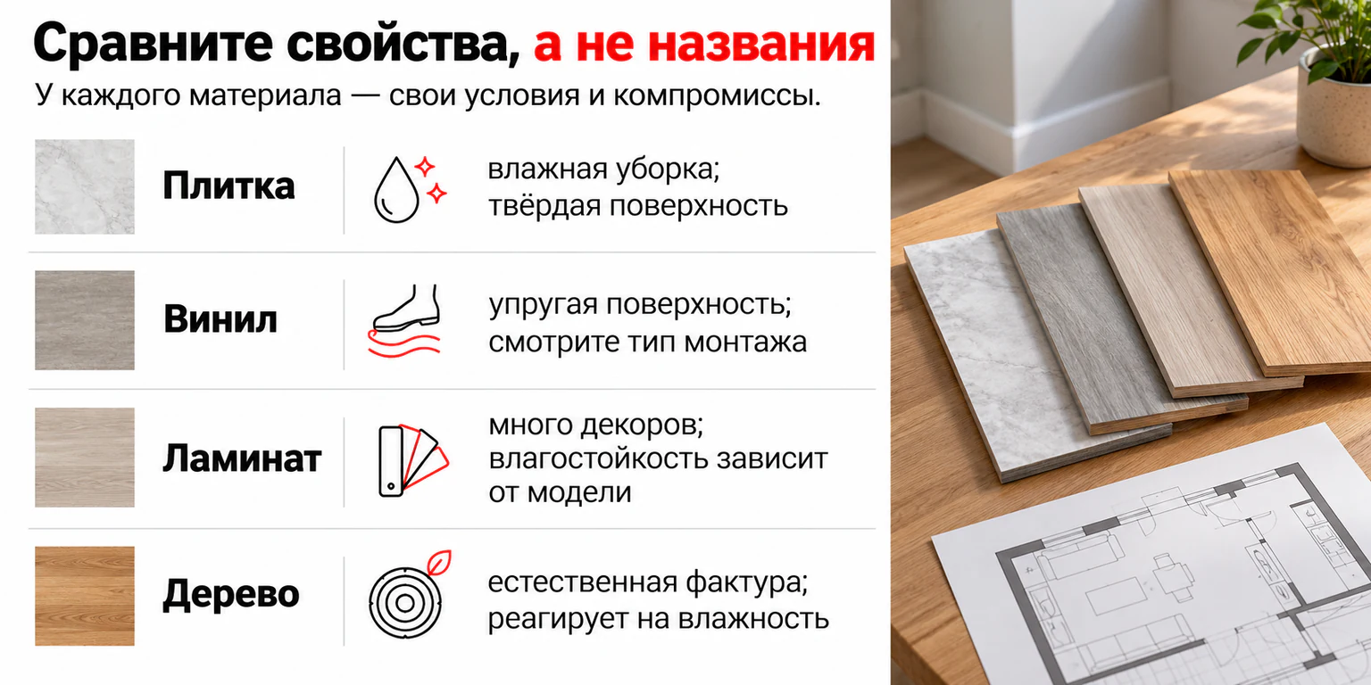 Инфографика: сравнение свойств плитки, винила, ламината и деревянного пола
