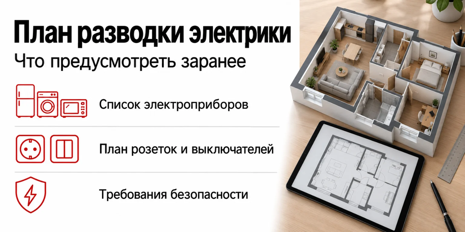 Инфографика: план разводки электрики — электроприборы, розетки и выключатели, требования безопасности
