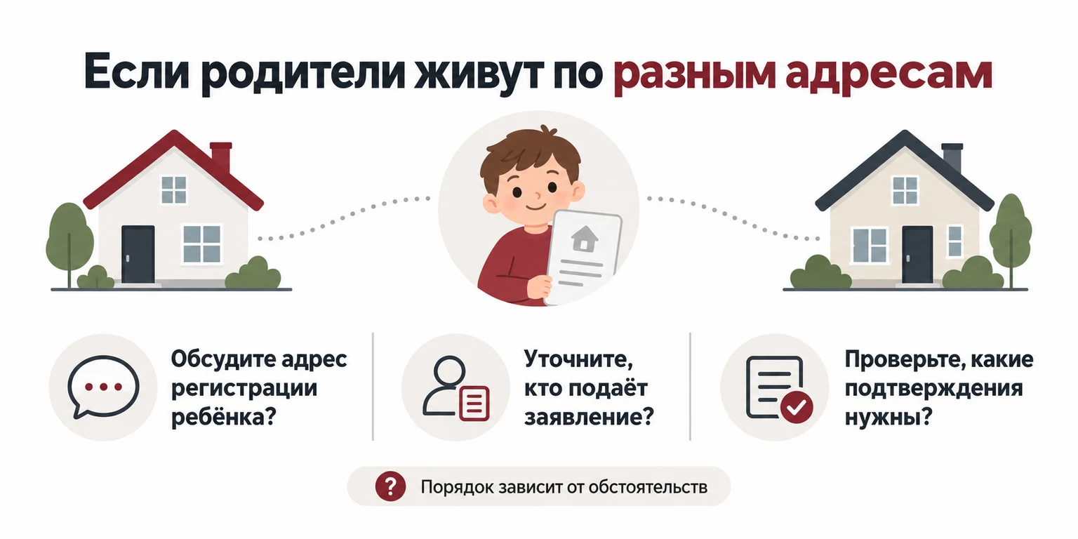 Если родители зарегистрированы по разным адресам: заранее согласовать, где будет зарегистрирован ребёнок, и уточнить порядок подачи.