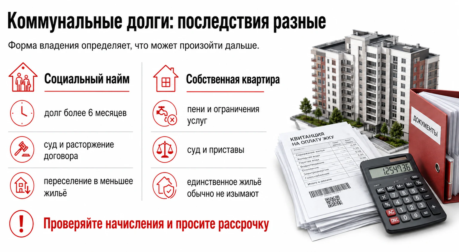 Инфографика: последствия коммунальных долгов для социального найма и собственной квартиры