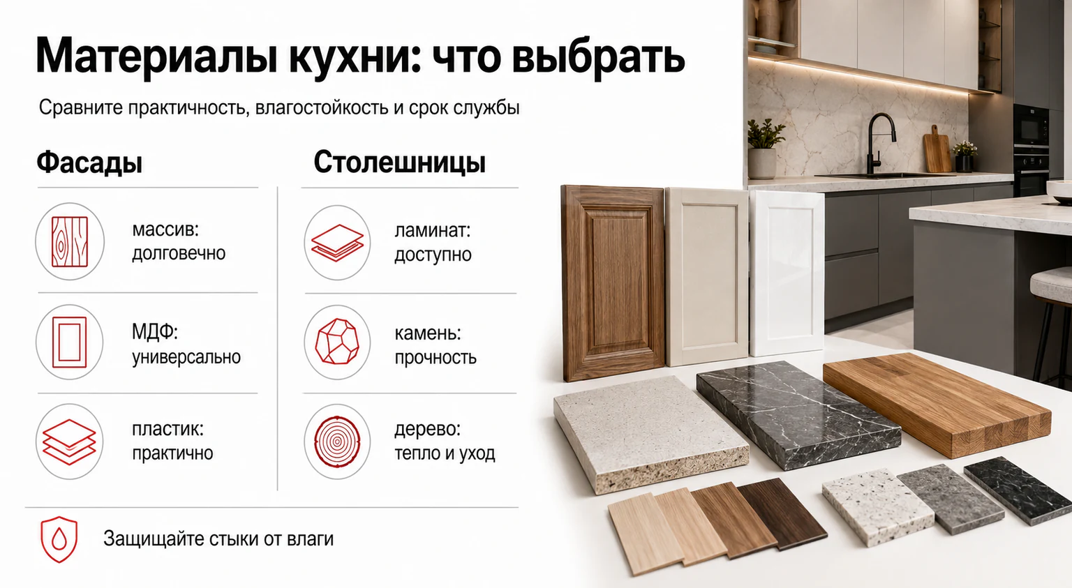 Инфографика: сравнение материалов для фасадов и столешниц кухни