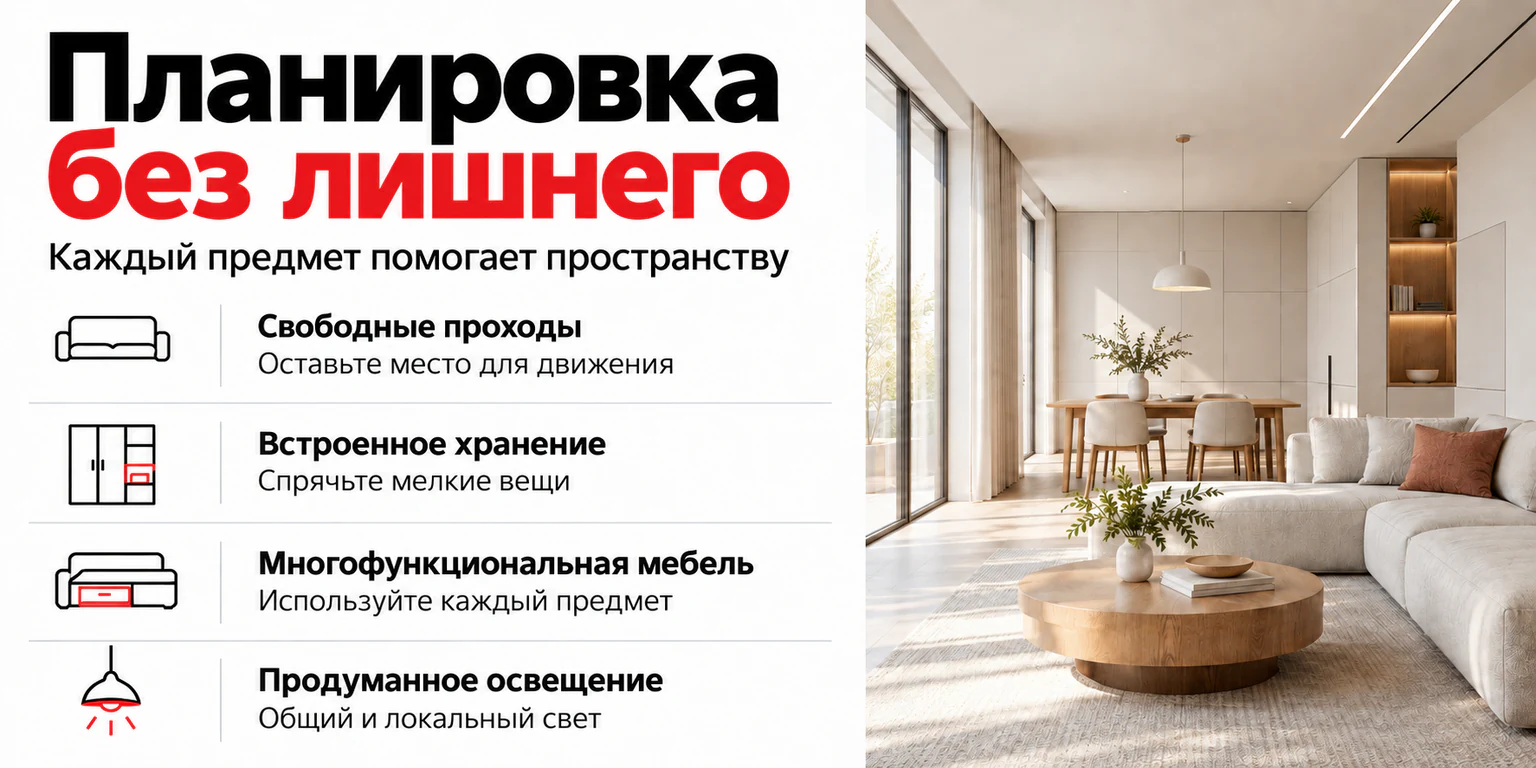 Планировка в стиле минимализм: свободные проходы, встроенное хранение, многофункциональная мебель и продуманное освещение