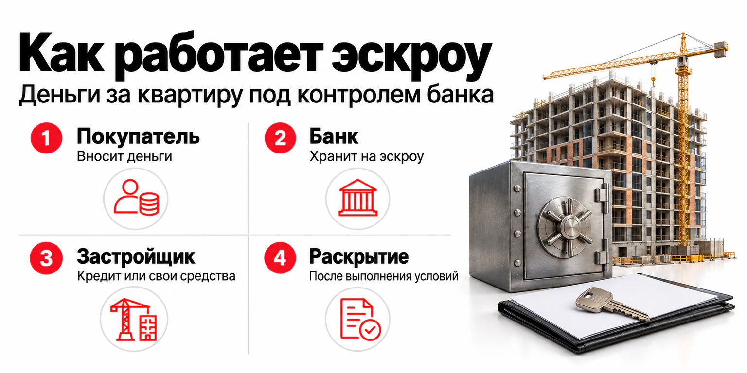 Как работает эскроу: покупатель вносит деньги, банк хранит их, застройщик строит, счёт раскрывается при выполнении условий