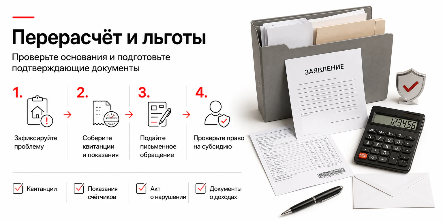 Инфографика: порядок перерасчёта коммунальных платежей и оформления льгот