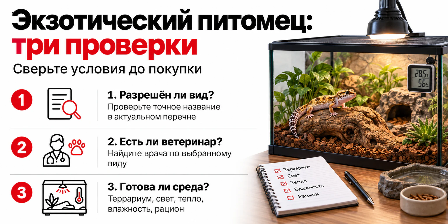 Три проверки перед покупкой экзотического животного: разрешённый вид, ветеринар и условия содержания