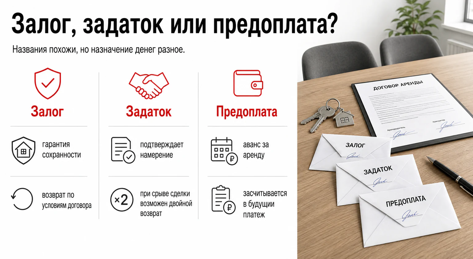 Инфографика: отличие залога, задатка и предоплаты