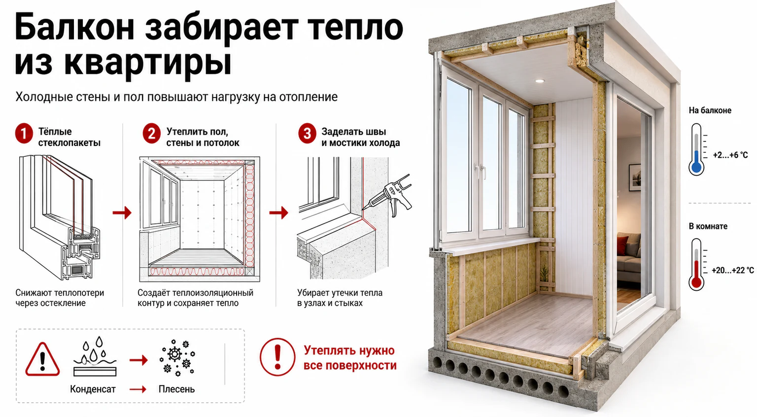 Балкон забирает тепло из квартиры Инфографика: утепление балкона или лоджии для сохранения тепла