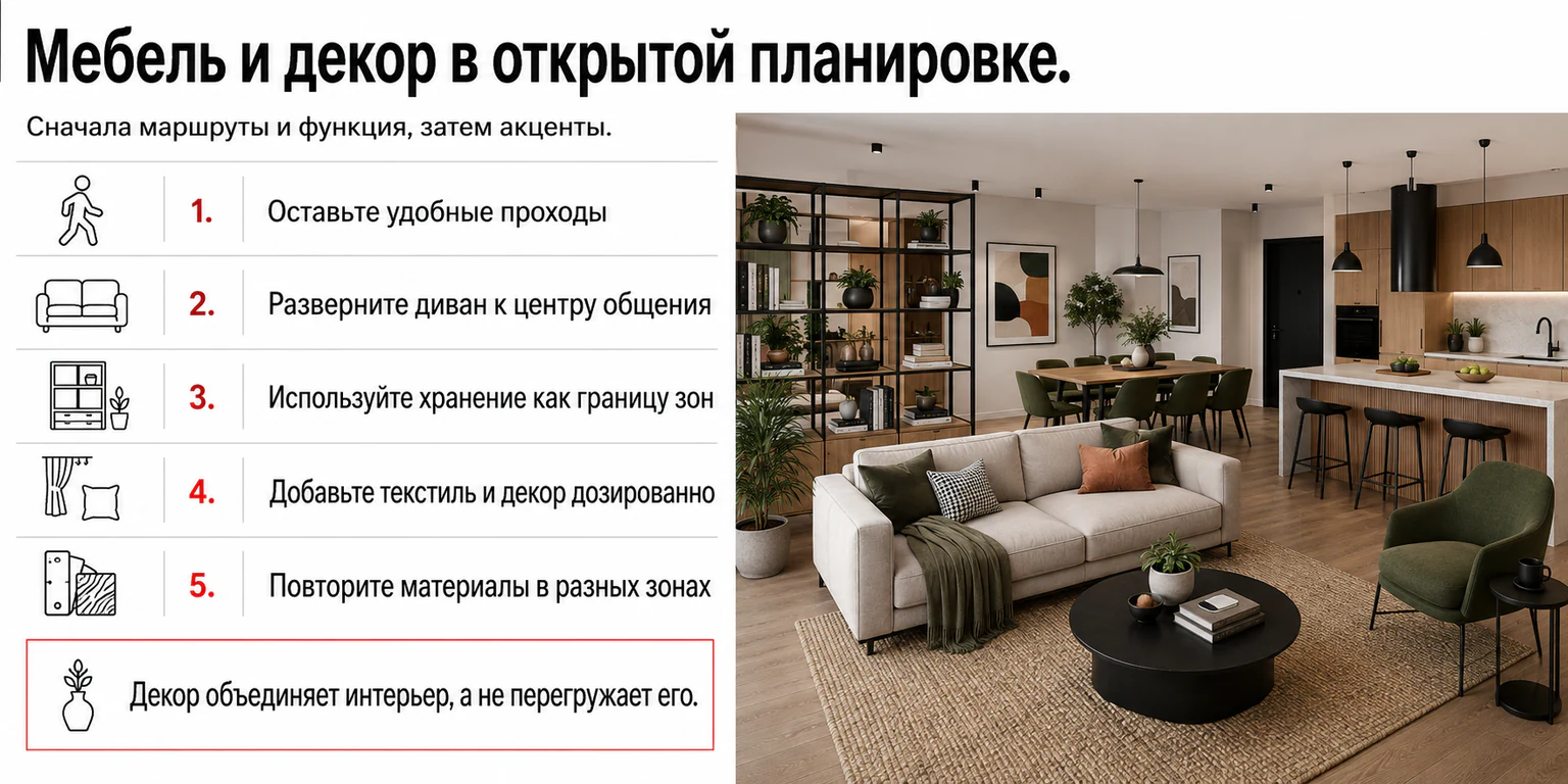 Инфографика: мебель и декор в открытой планировке