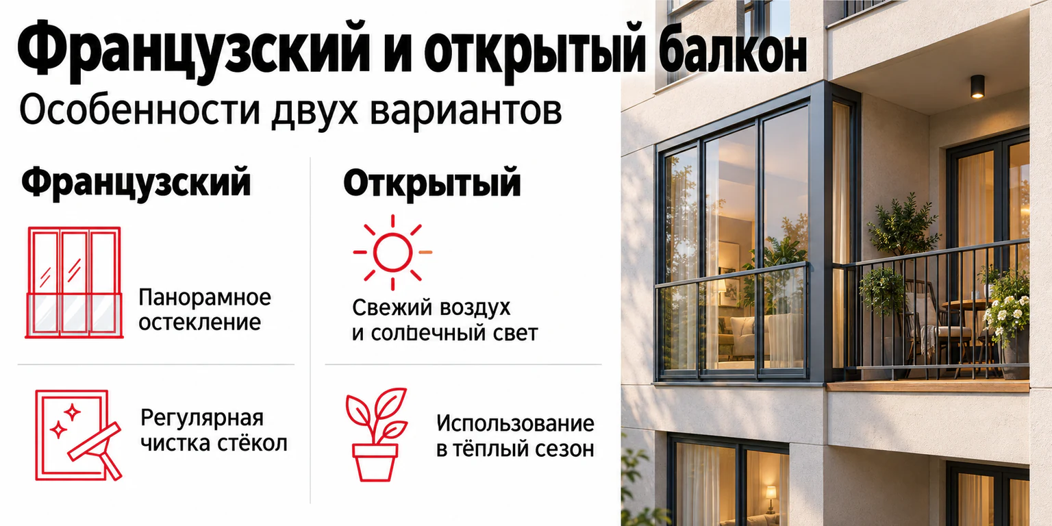 Инфографика: Французский и открытый балконы