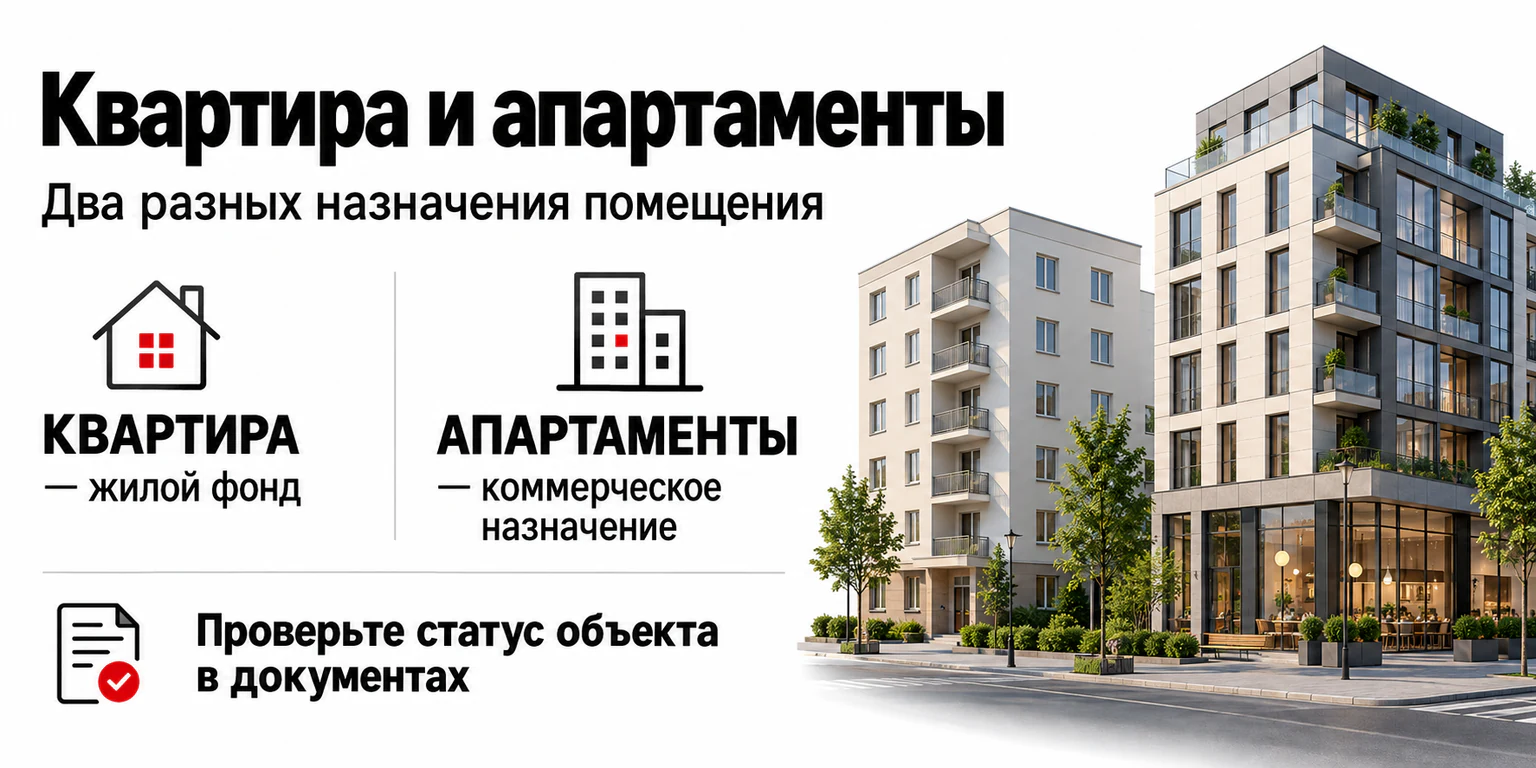 Схема различий между квартирой и апартаментами по назначению помещения