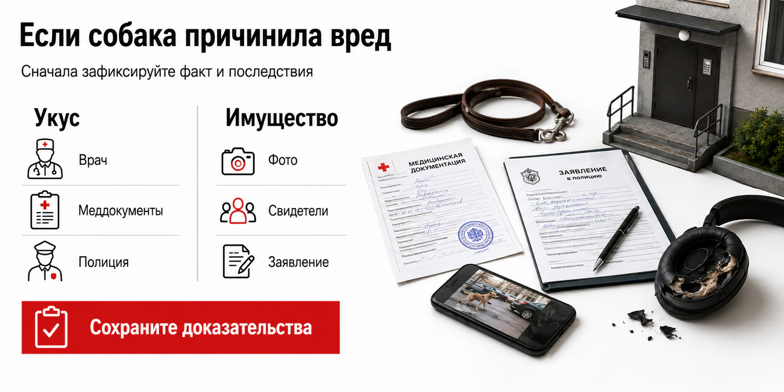 Инфографика: действия при укусе собаки или ущербе имуществу