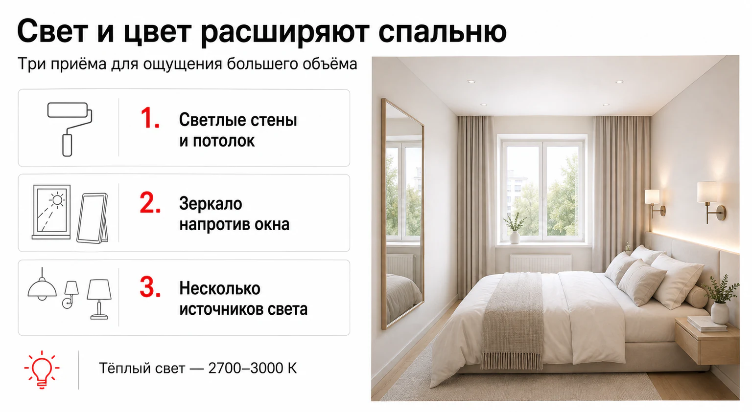Инфографика: как свет и цвет визуально расширяют маленькую спальню