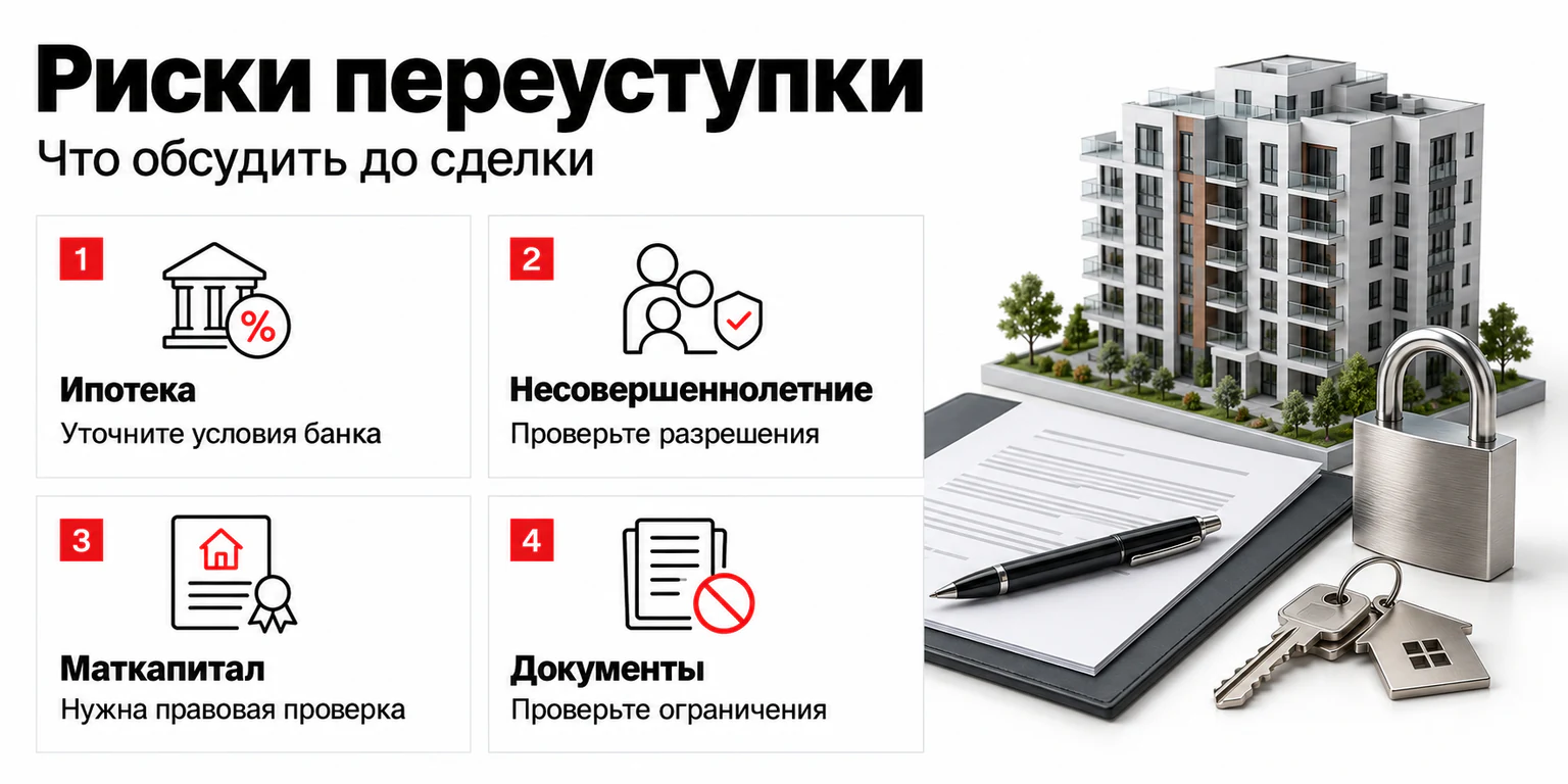 Риски переуступки: условия банка при ипотеке, права несовершеннолетних, материнский капитал и ограничения по документам