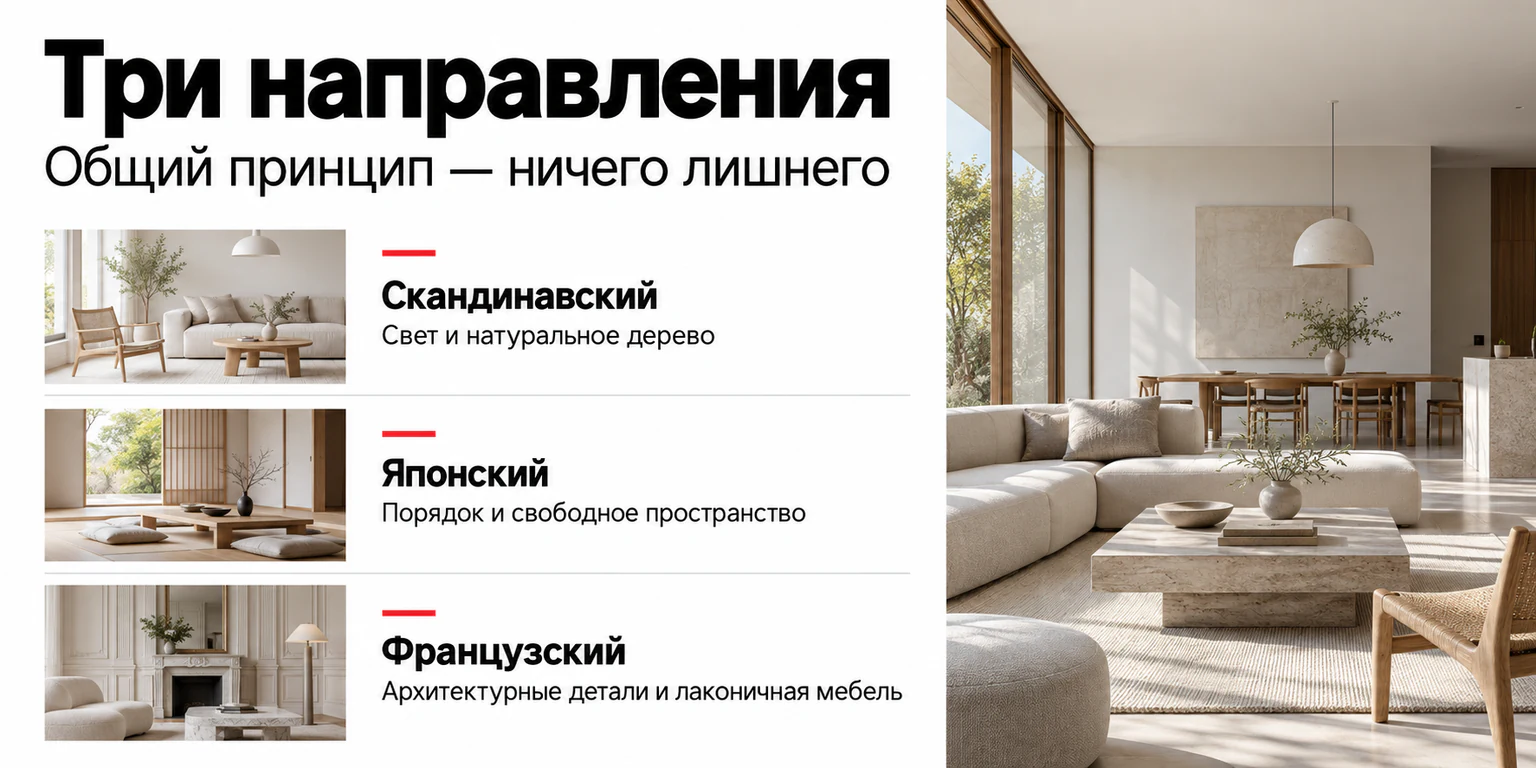 Три направления минимализма в интерьере: скандинавский стиль со светом и деревом, японский со свободным пространством, французский с архитектурными деталями