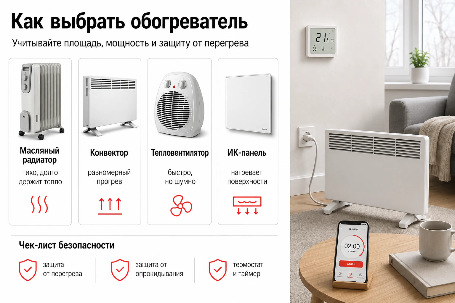 Как выбрать обогреватель Инфографика: выбор безопасного обогревателя для квартиры