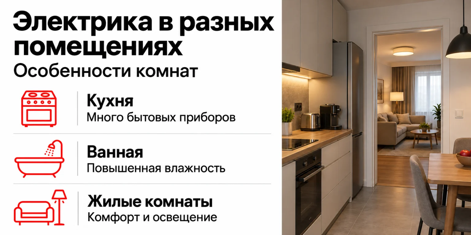 Инфографика: особенности электрики в кухне, ванной и жилых комнатах