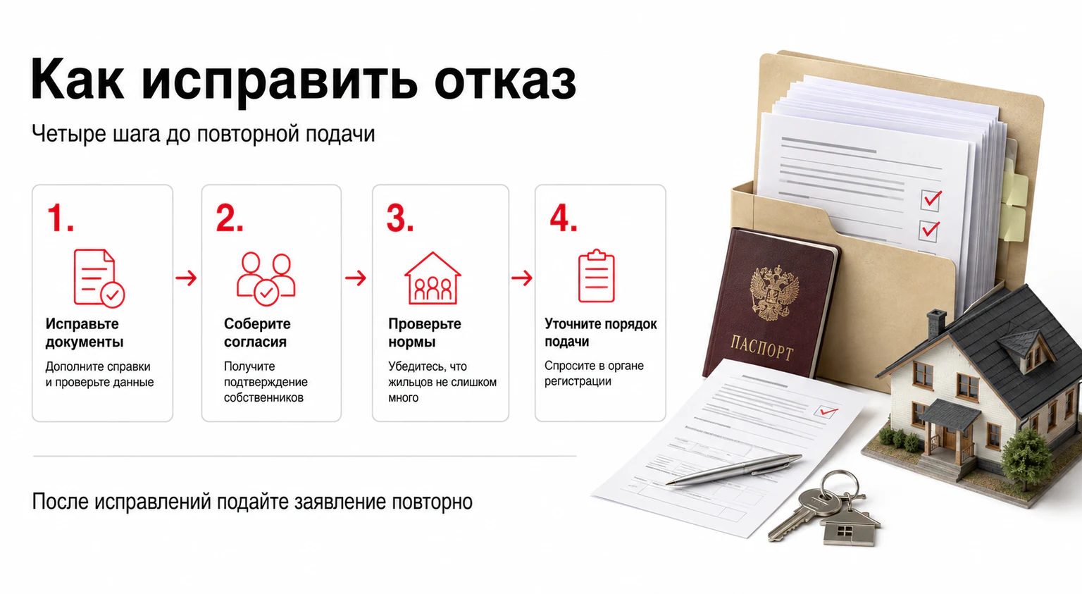 Инфографика: как исправить причины отказа и подать заявление повторно