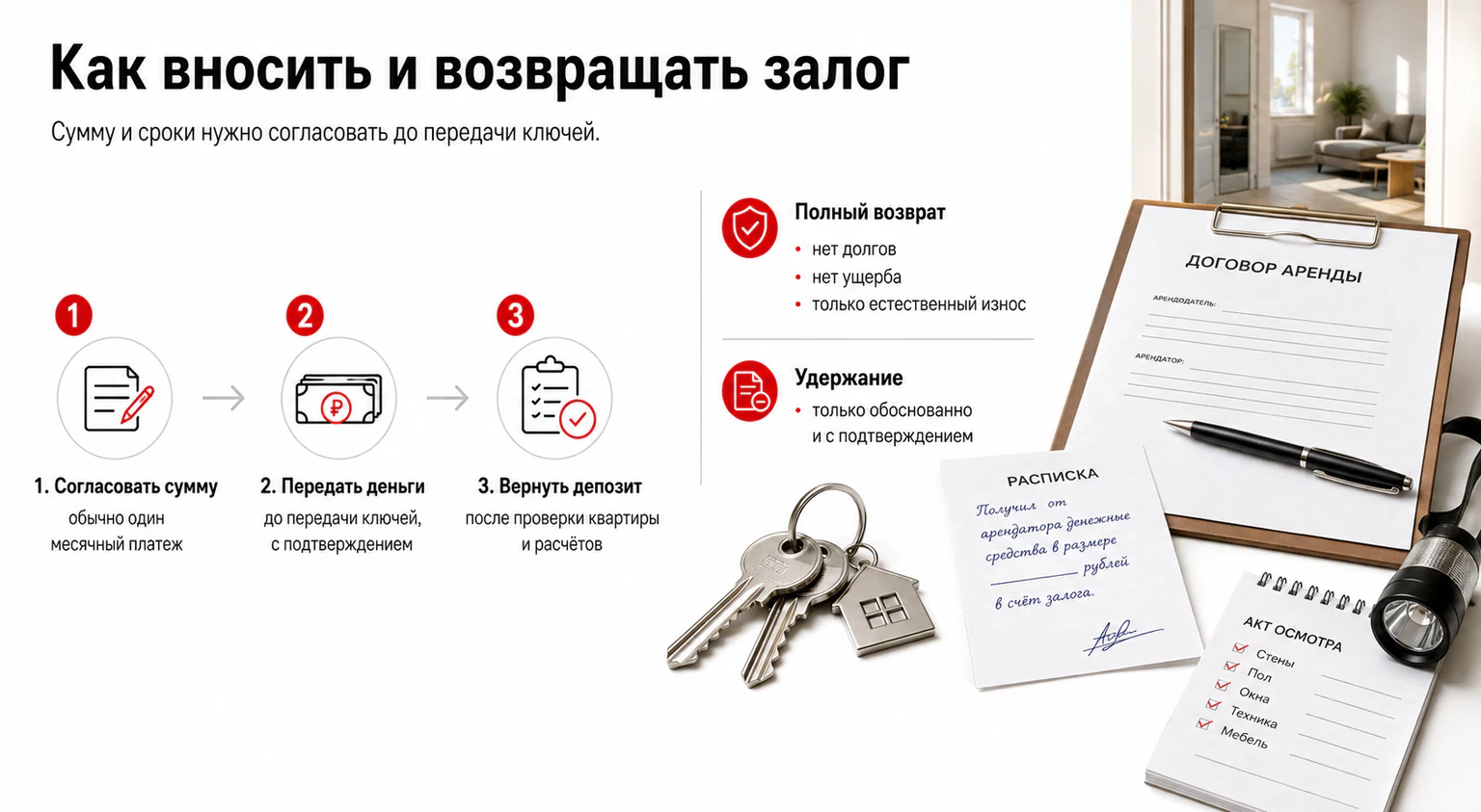 Инфографика: как внести и вернуть залог за квартиру