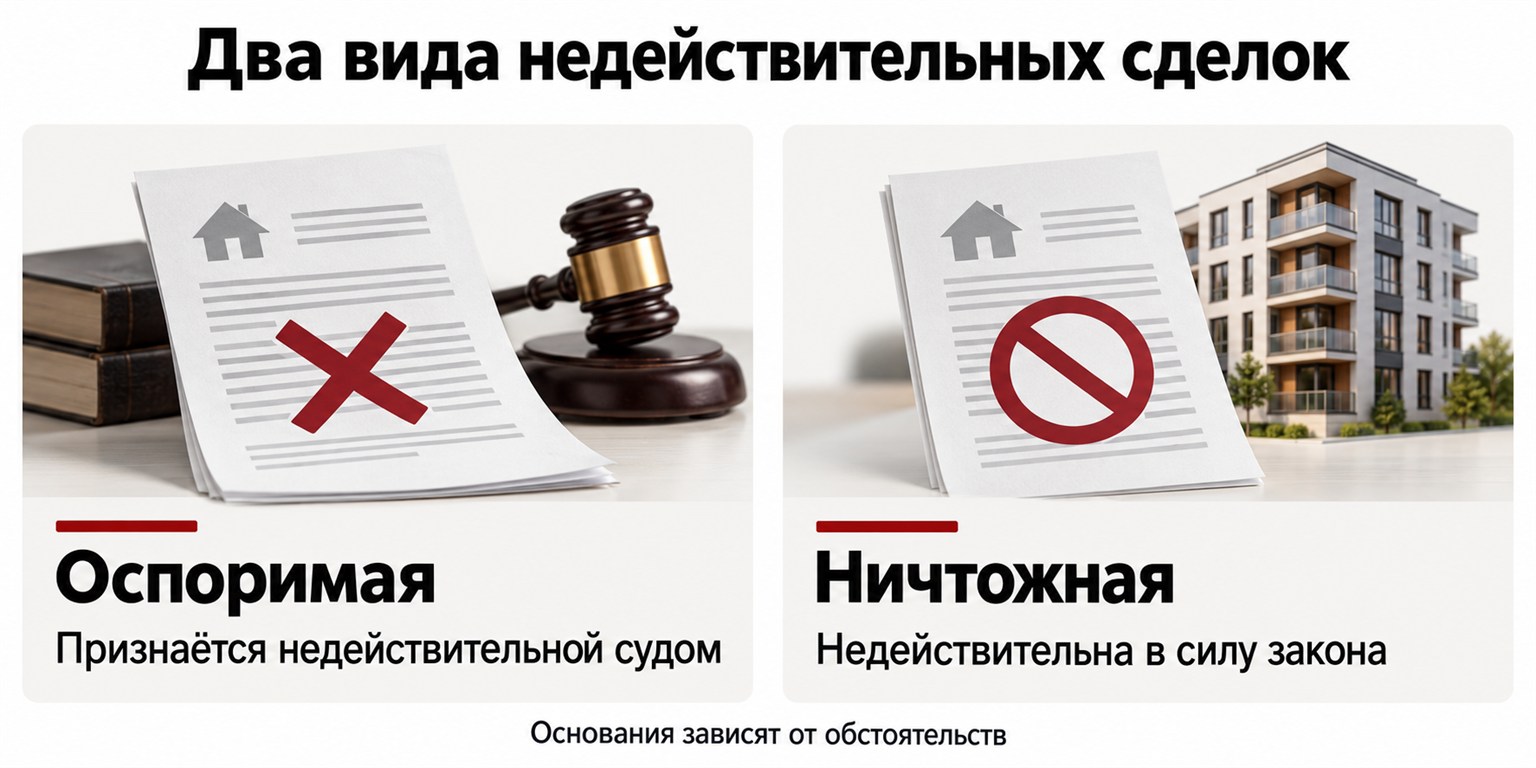 Виды недействительных сделок: оспоримая признаётся судом, ничтожная недействительна в силу закона; основания зависят от обстоятельств.