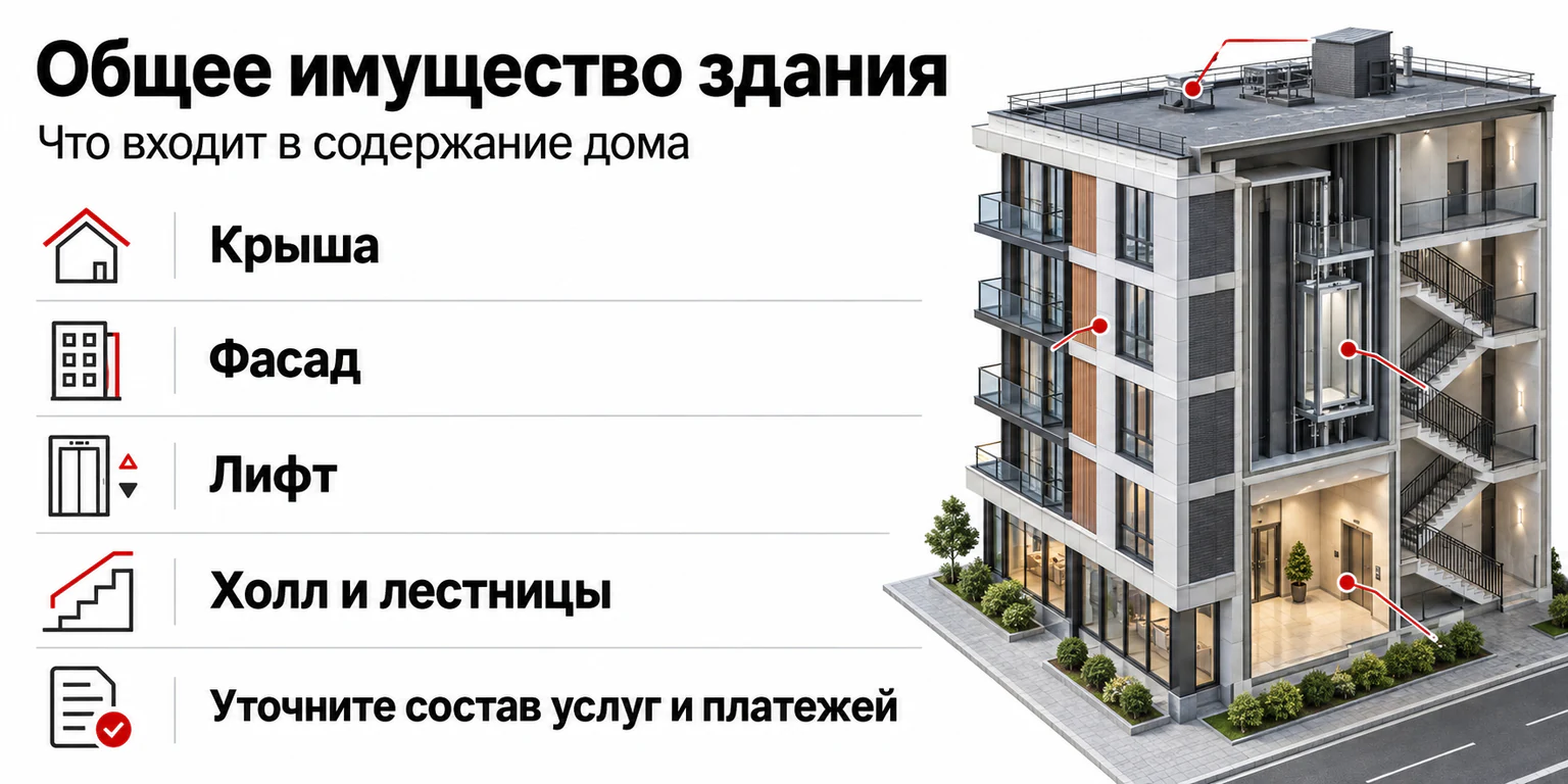 Общее имущество многоквартирного и многофункционального здания: крыша, фасад, лифт и холл