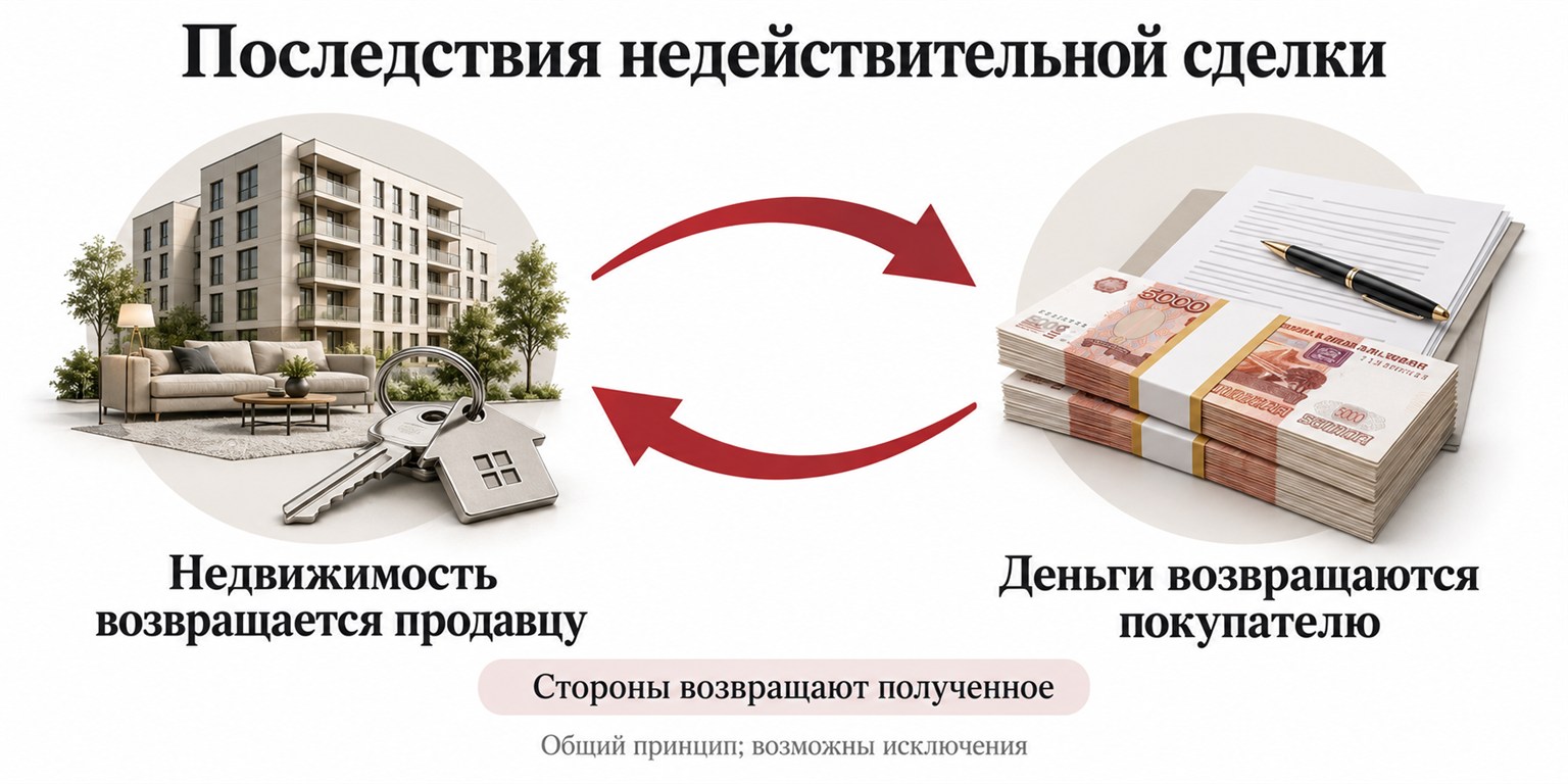 Последствия недействительной сделки: недвижимость возвращается продавцу, деньги покупателю; общий принцип допускает исключения.