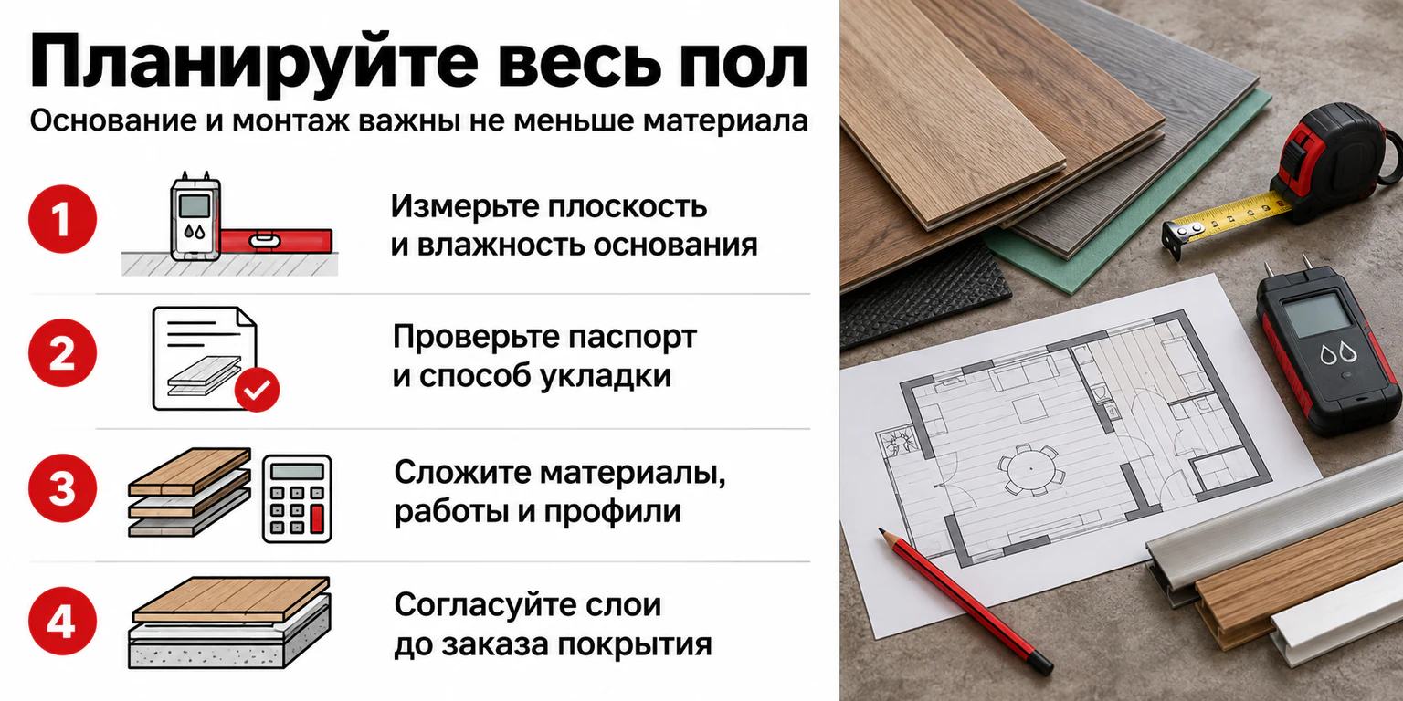 Инфографика: четыре шага планирования пола — основание, инструкция, смета и слои
