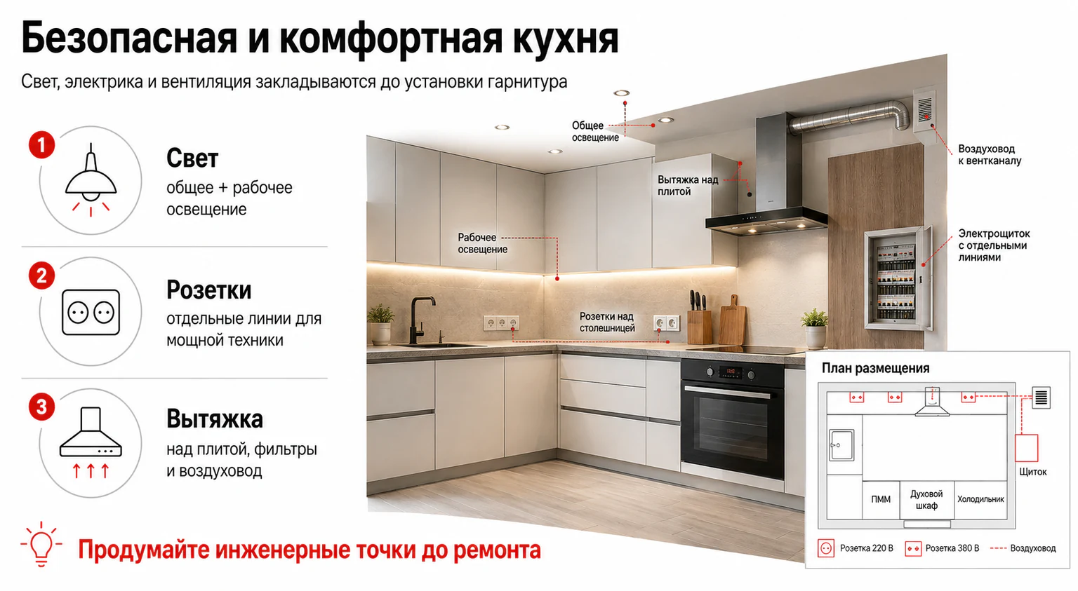 Инфографика: освещение, розетки и вентиляция на кухне