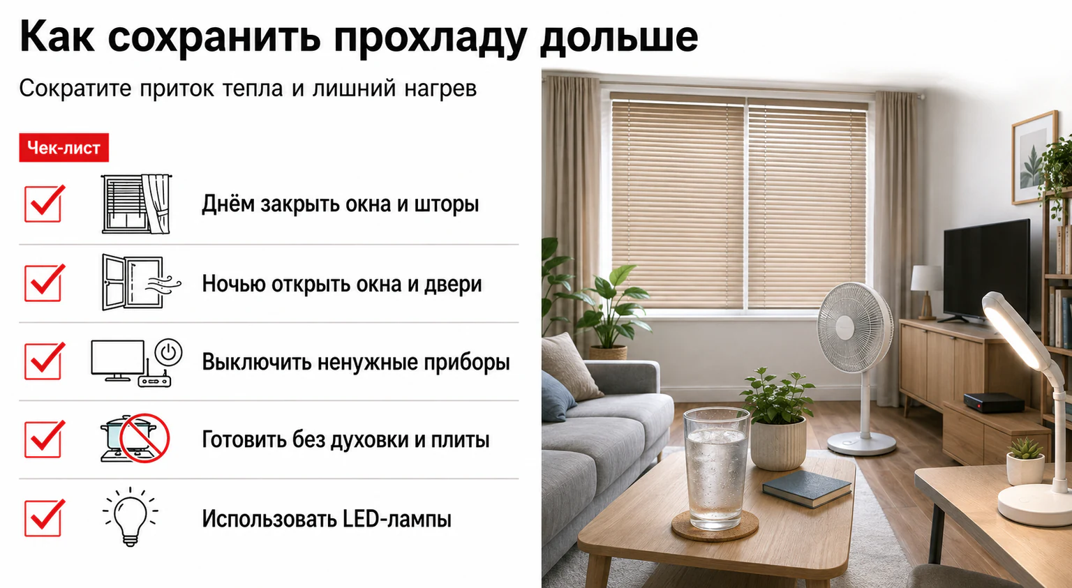 Инфографика: чек-лист сохранения прохлады в квартире
