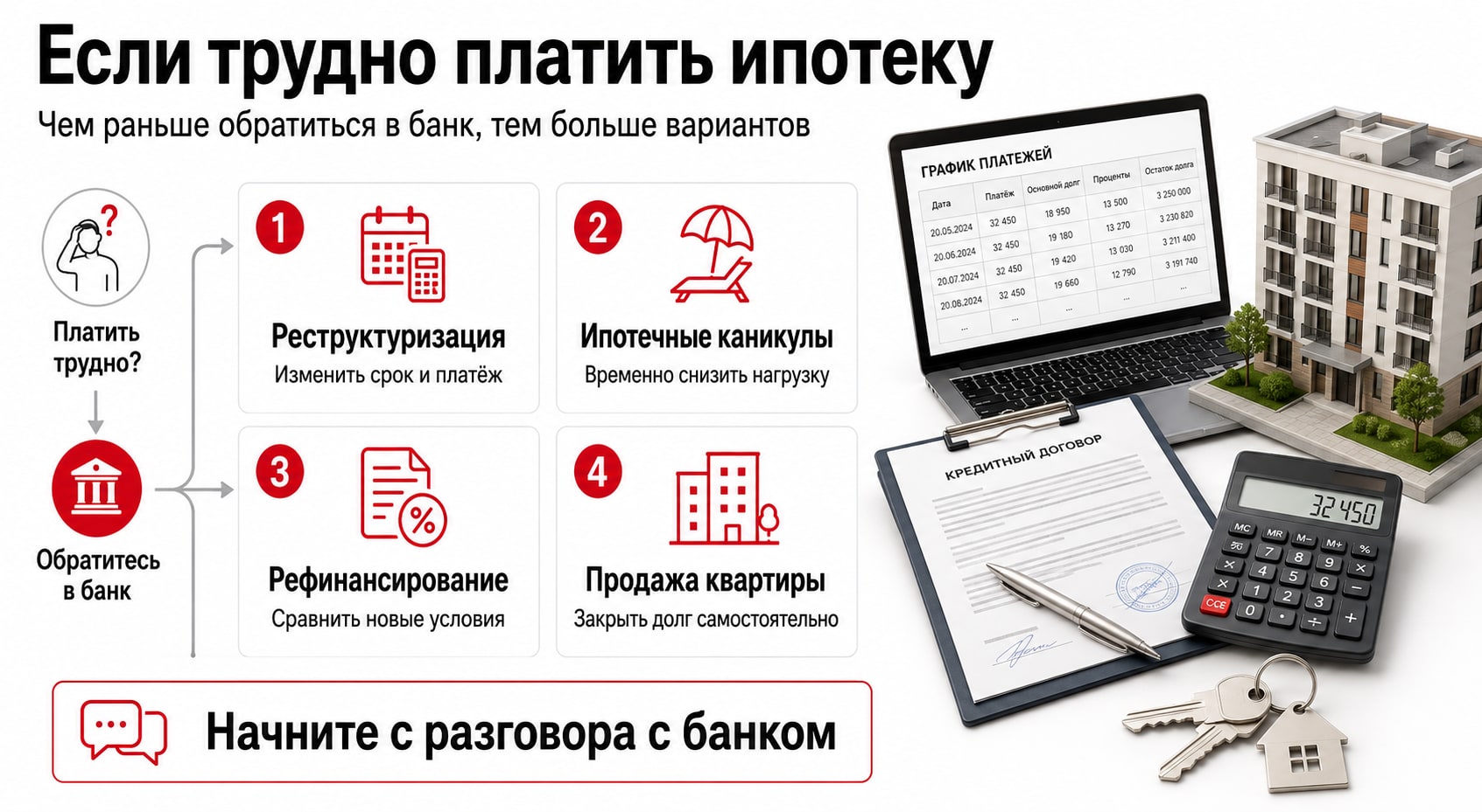 Инфографика: варианты решения проблем с платежами по ипотеке
