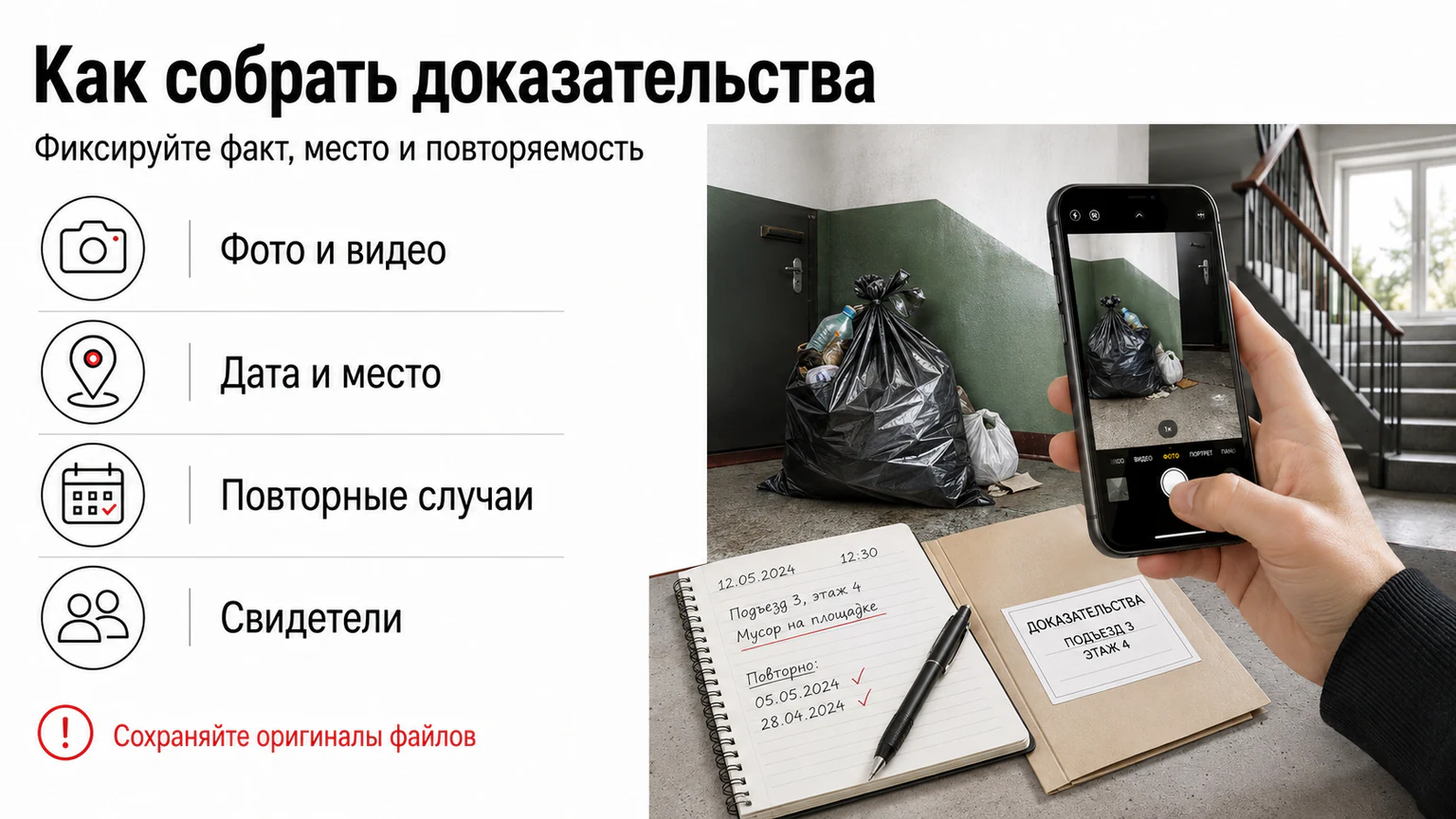 Инфографика: как собрать доказательства мусора в подъезде